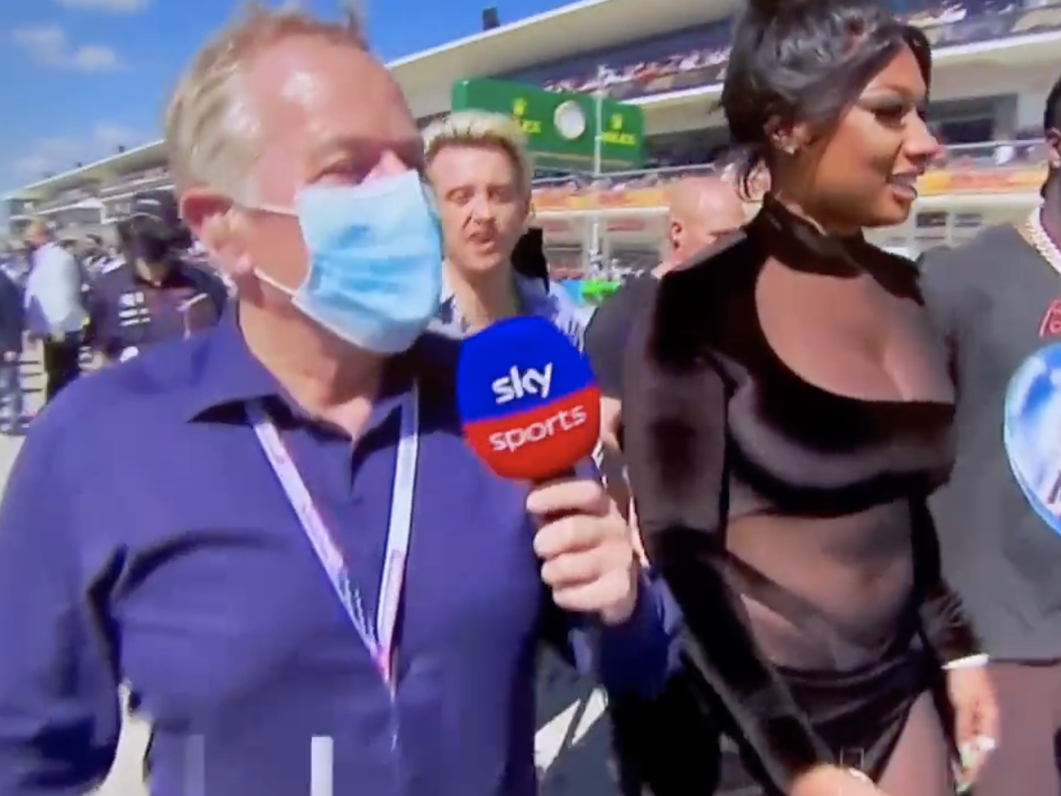 Martin Brundle speaks to Megan Thee Stallion ahead of the 2021 US Grand Prix in Austin, Texas.