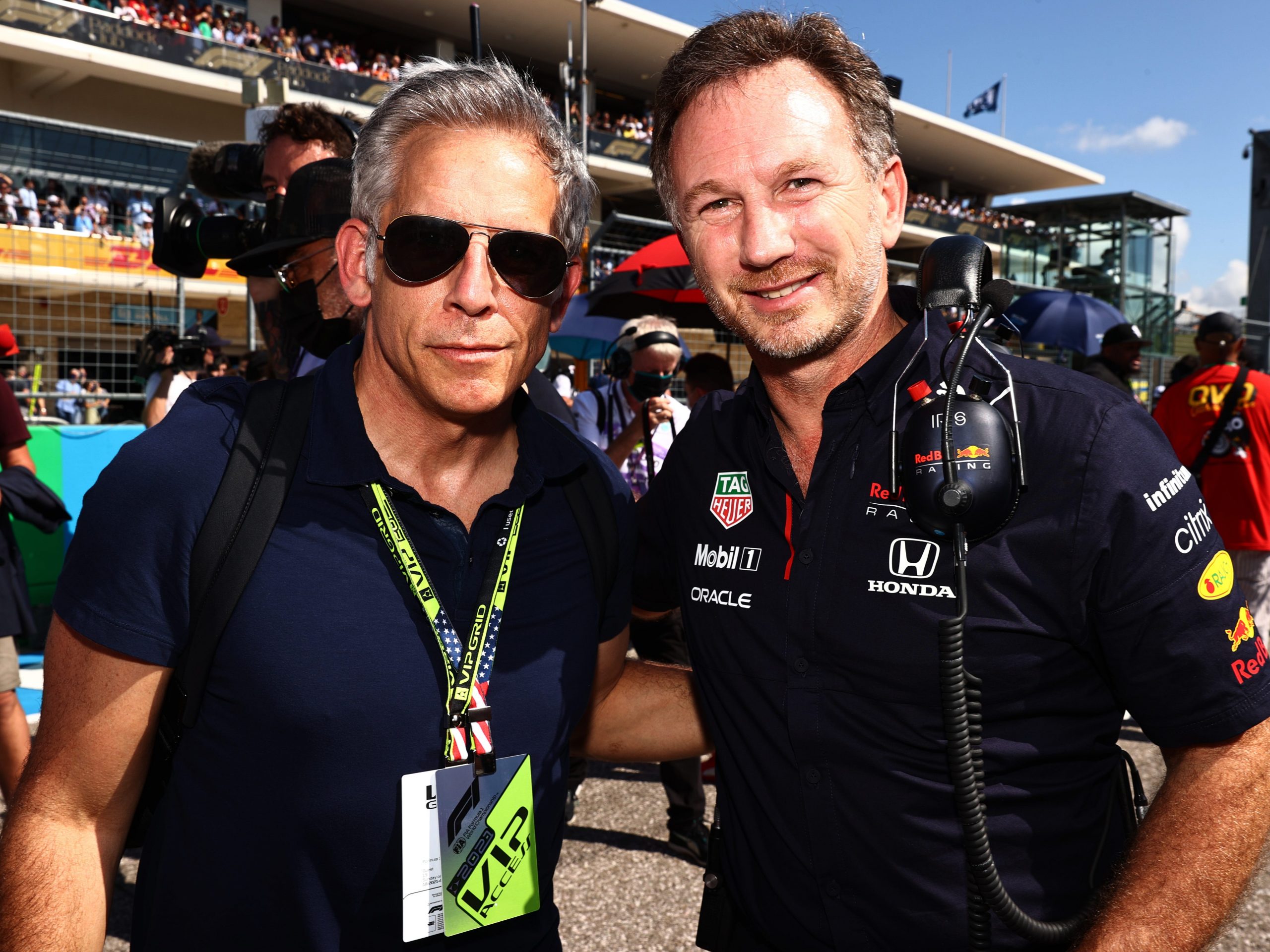 Ben Stiller and Christian Horner at the US Grand Prix.