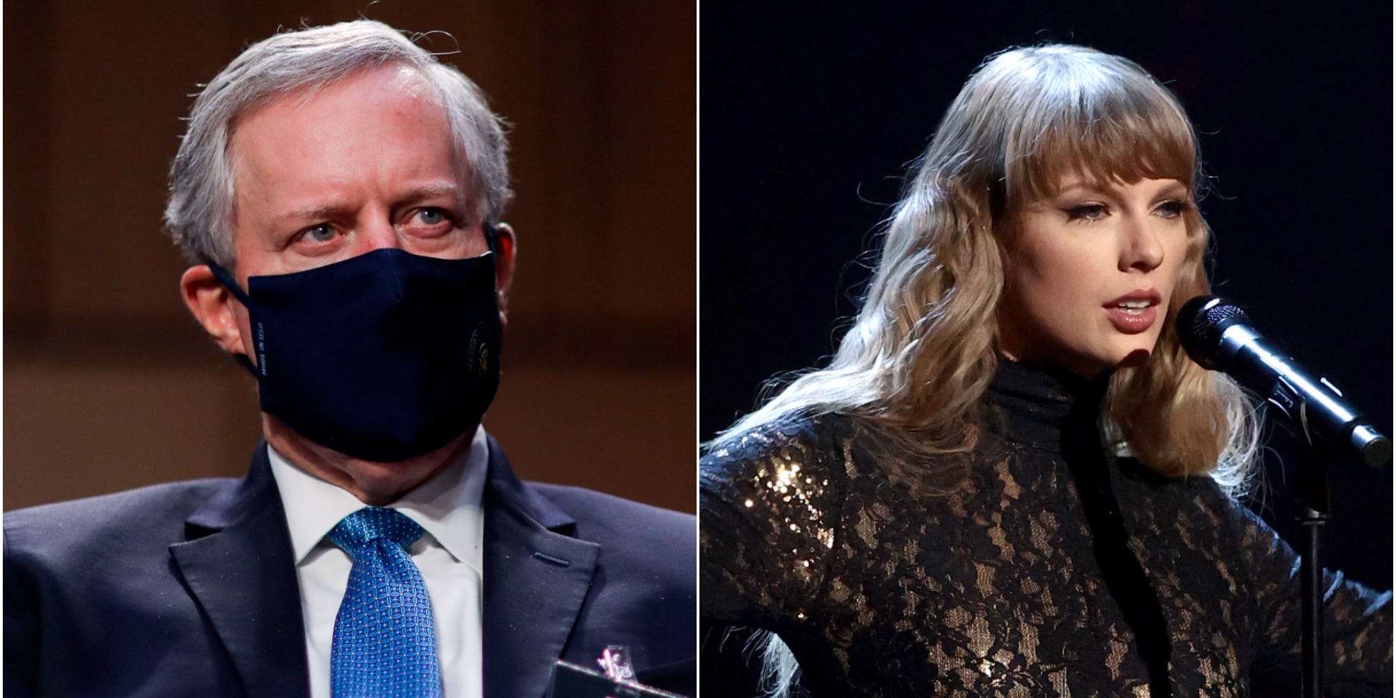 Former White House Chief of Staff Mark Meadows and musical artist Taylor Swift.