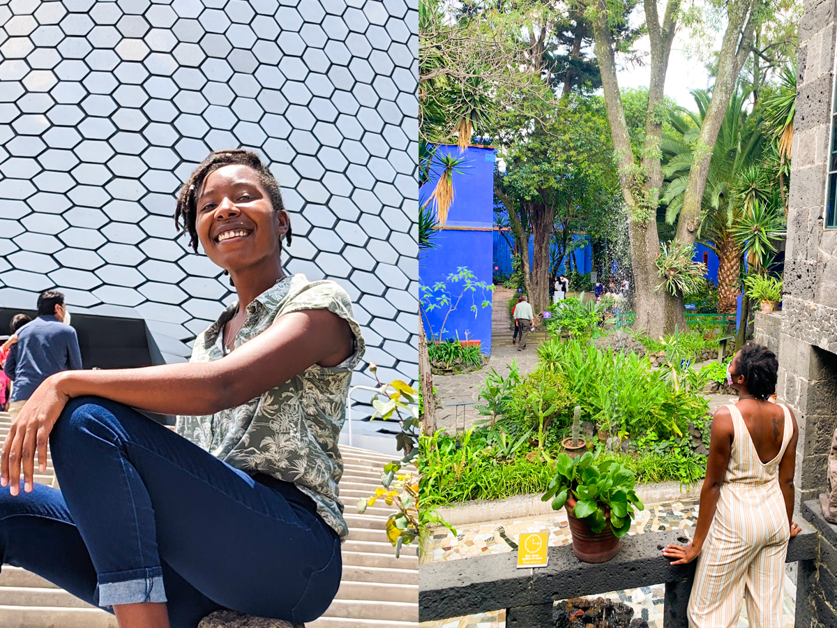 side by side photos of amber in front of a mexican museum and at the frida kahlo house