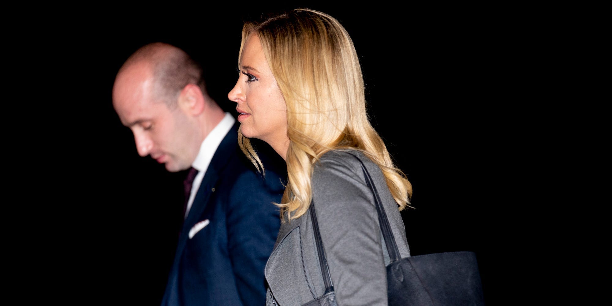 Former White House Senior Adviser Stephen Miller and former White House Press Secretary Kayleigh McEnany return to the White House after traveling with former President Donald Trump to Erie, Pennsylvania for a campaign rally on October 20, 2020.