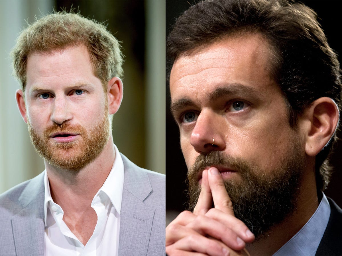 A side-by-side of Prince Harry and Jack Dorsey.