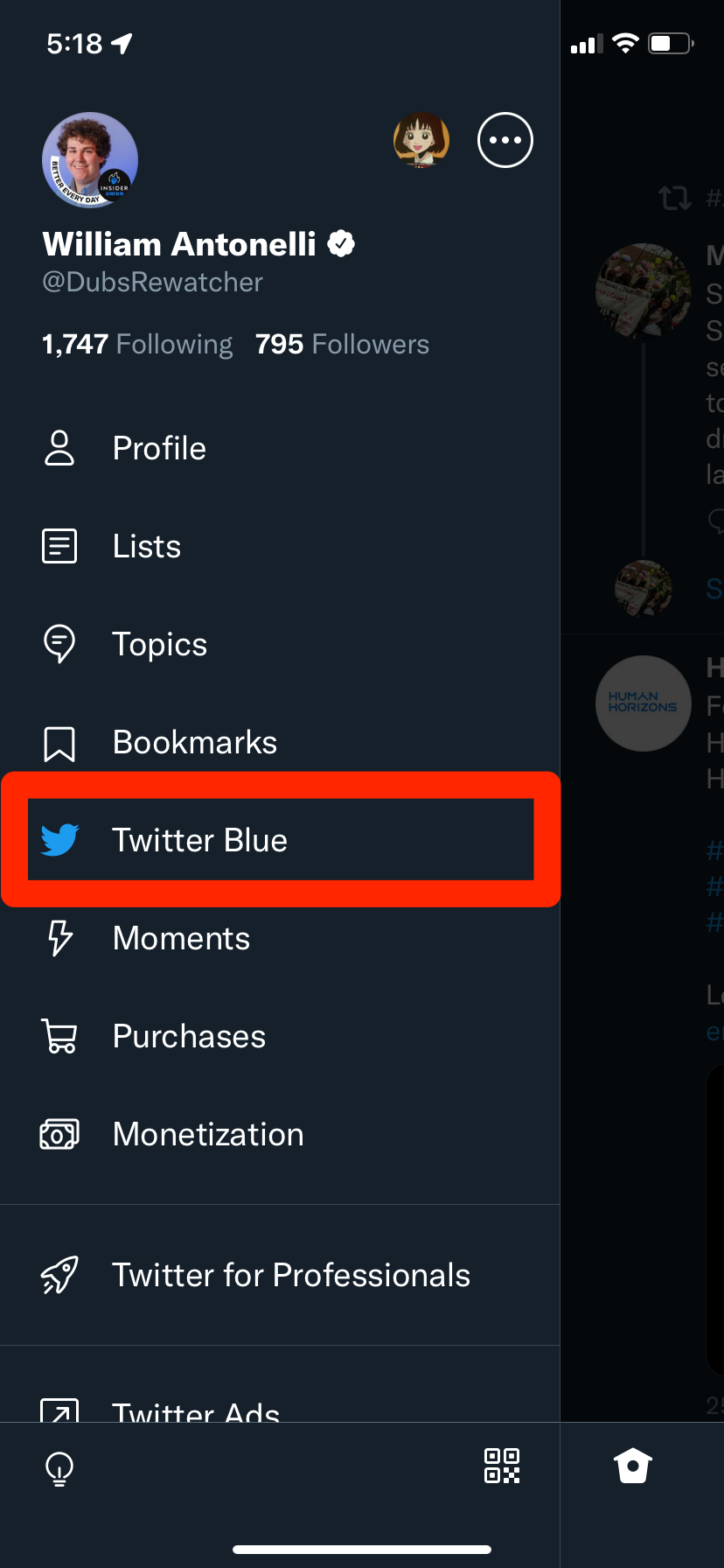 The Twitter Blue option in the left sidebar of the Twitter app.