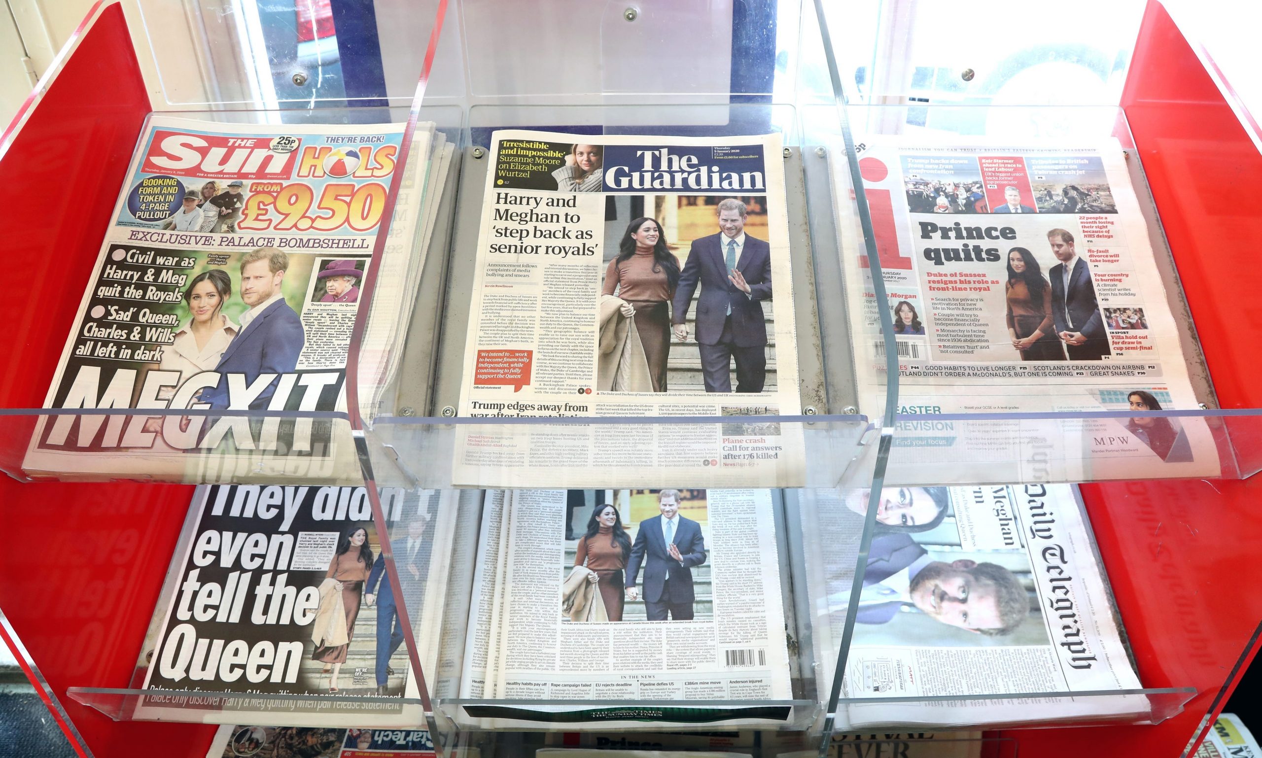 UK newspapers for sale at a newsagent in Ashford, Kent, in the wake of the announcement that the Duke and Duchess of Sussex will take a step back as "senior members" of the royal family, dividing their time between the UK and North America.