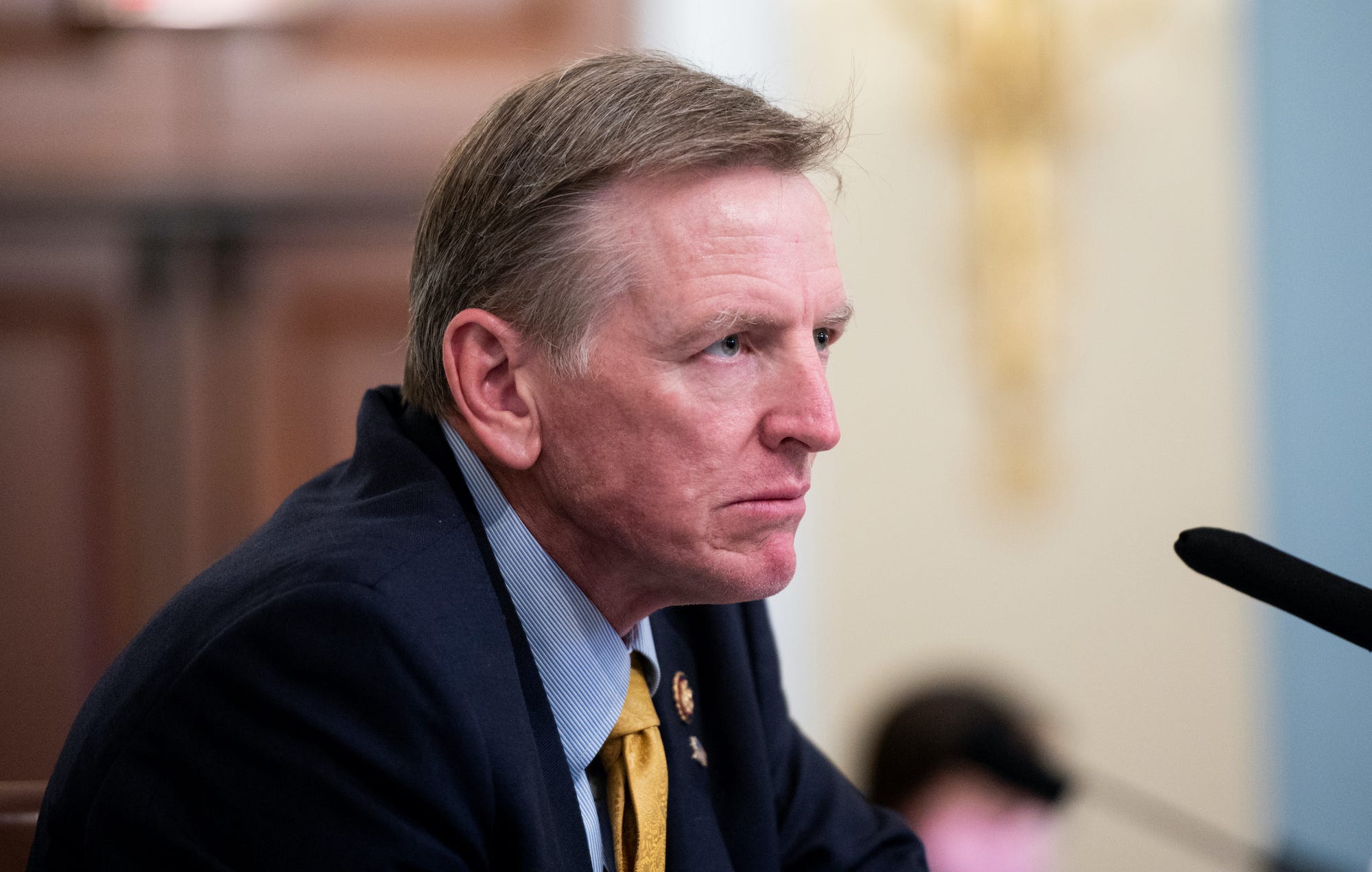 A side view of Rep Paul Gosar's head and shoulders, in front of a microphone.