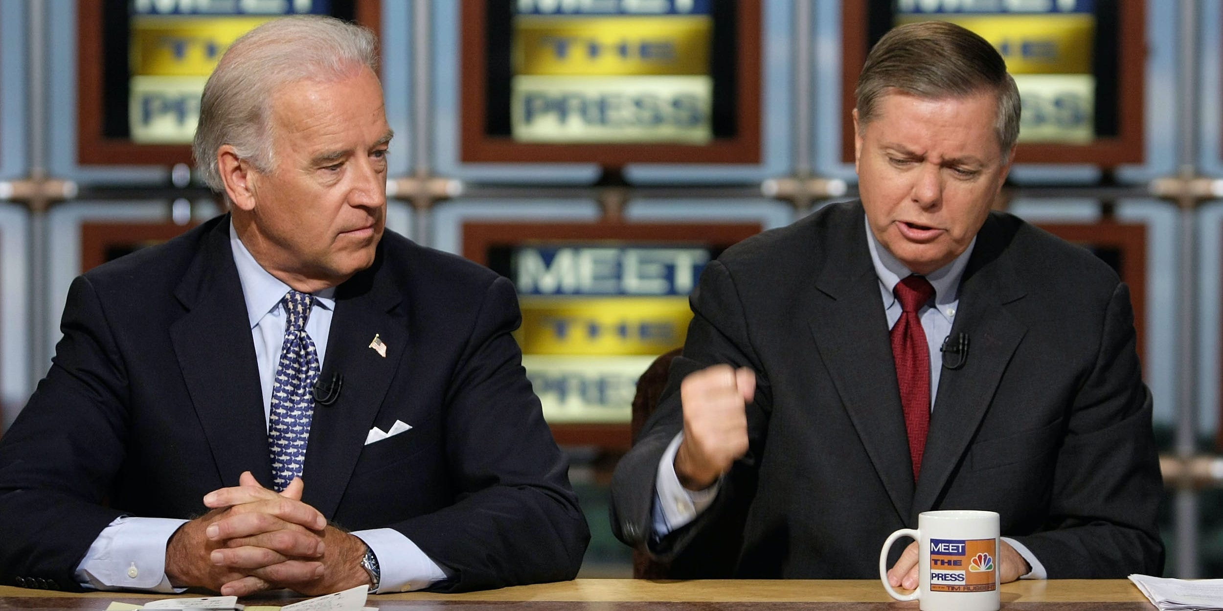 Sen. Lindsey Graham (R-SC) (R) speaks as Sen. Joseph Biden (D-DE) (L) listens during a taping of "Meet the Press" at the NBC studios June 22, 2008 in Washington, DC. Biden and Graham discussed topics related to the presidential race between Sen. Barack Obama (D-IL) and Sen. Johan McCain (R-AZ).