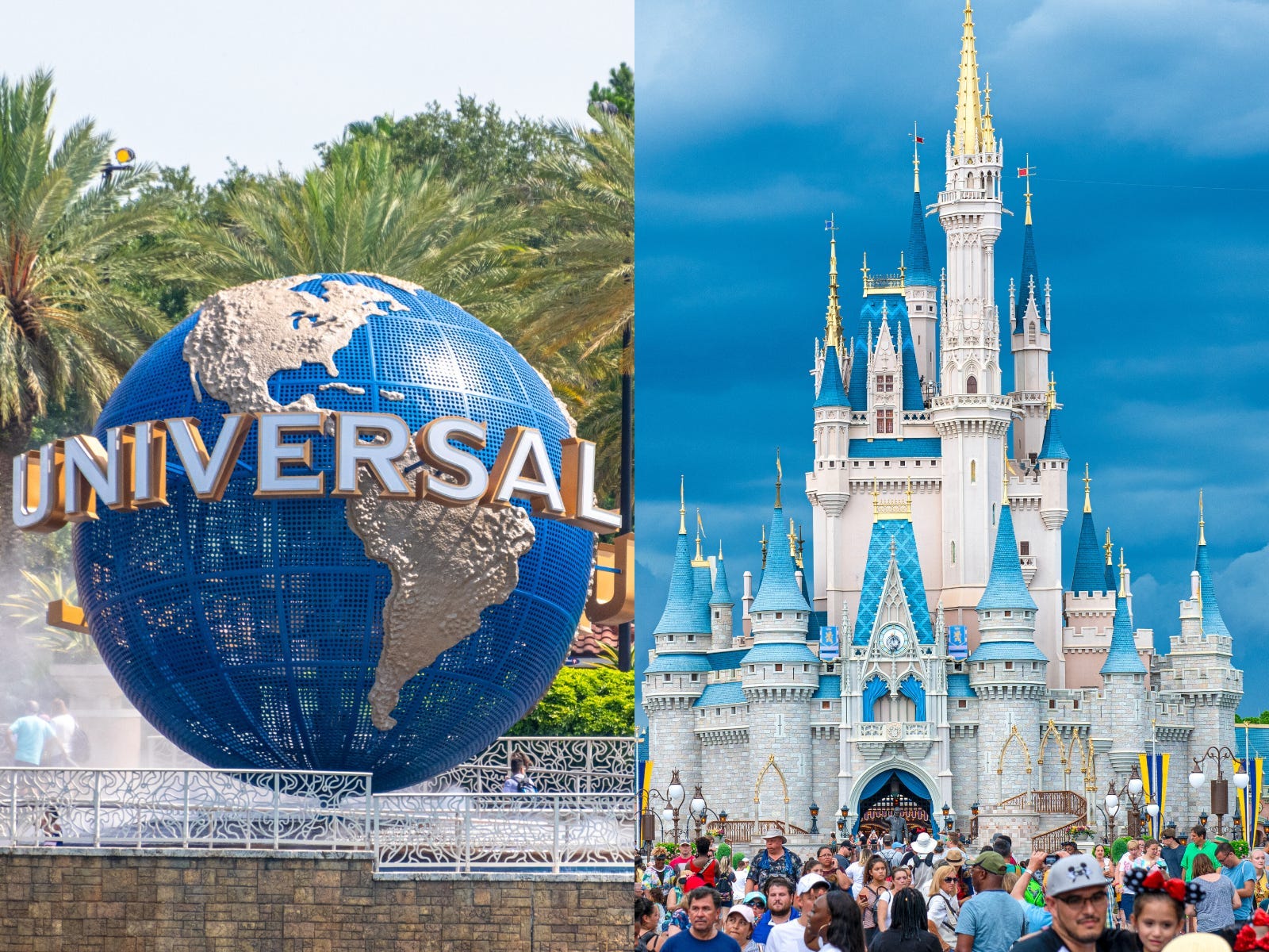 universal globe outside universal studios next to disney castle in magic kingdom