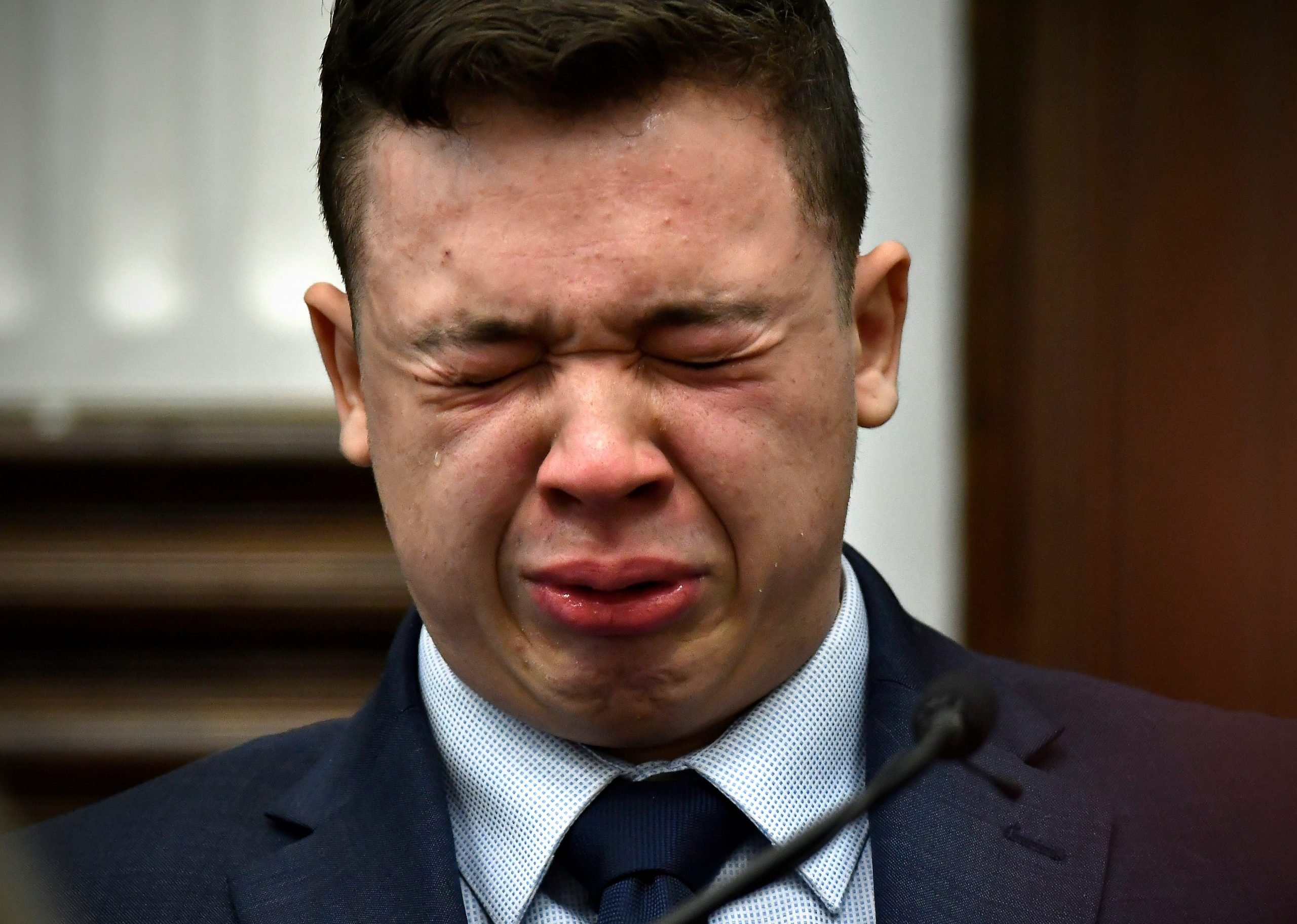 Kyle Rittenhouse breaks down on the stand as he testifies about his encounter with the late Joseph Rosenbaum during his trial at the Kenosha County Courthouse in Kenosha, Wis., on Wednesday, Nov. 10, 2021