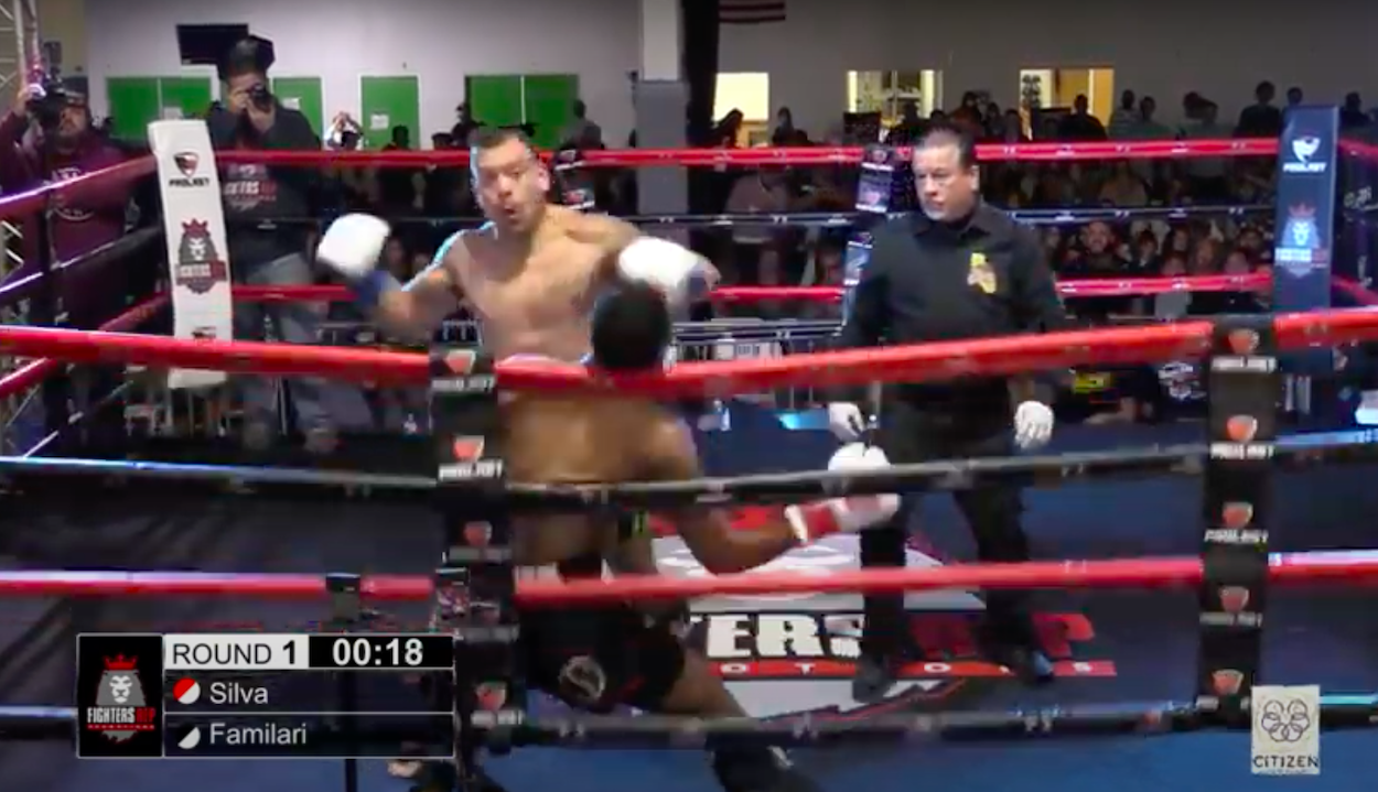 Gabriel Silva is punched so hard his back bent over the ropes.