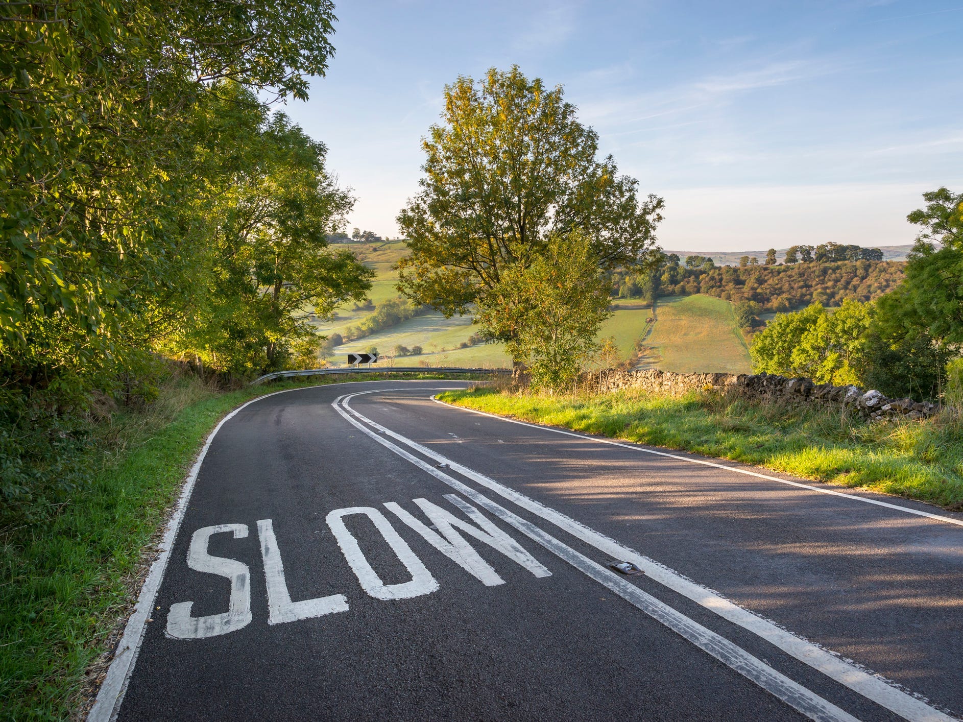 A winding country road with the word "slow" painted on it