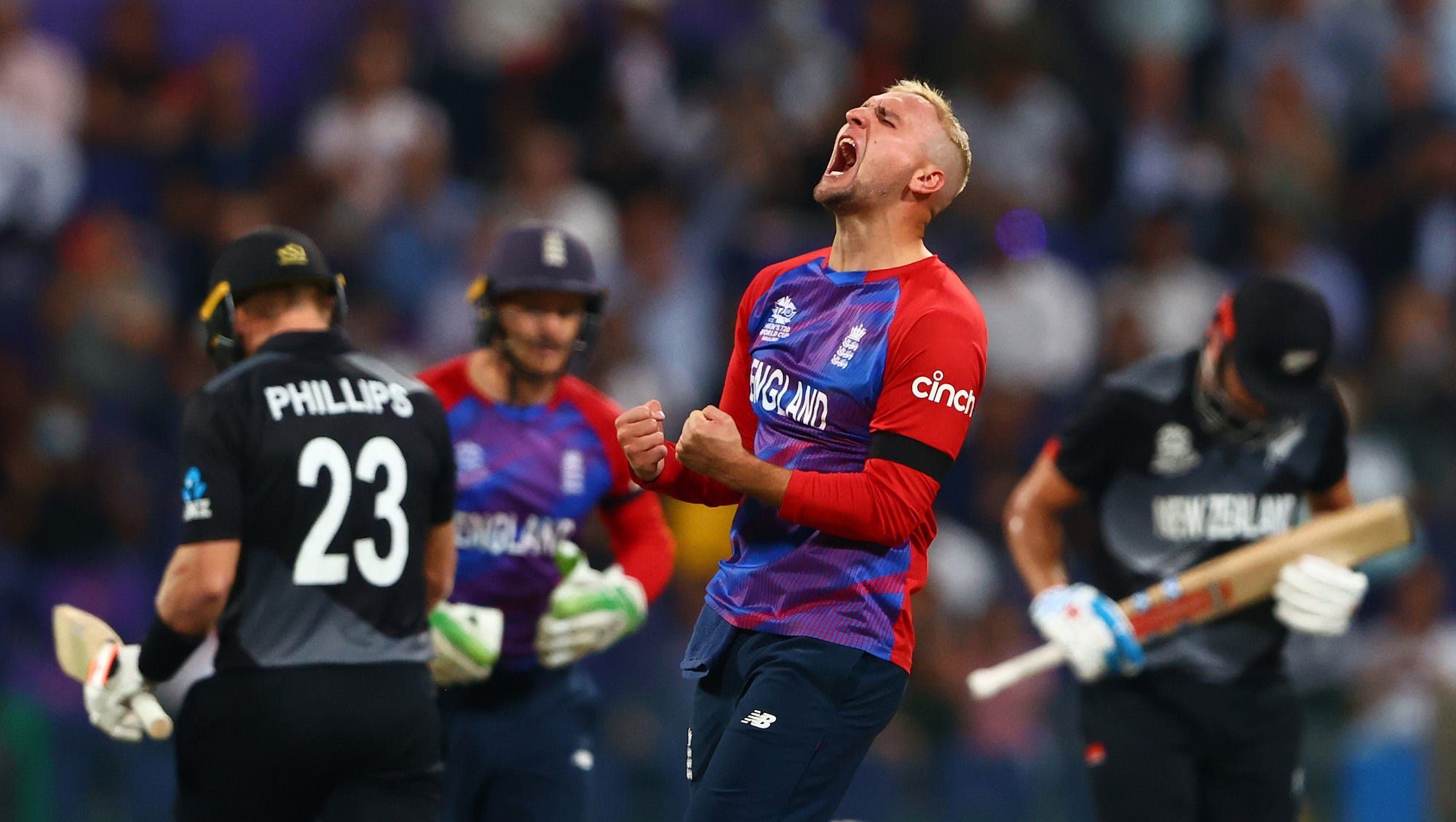 Liam Livingstone of England celebrates the wicket of Glenn Phillips of New Zealand during the ICC Men's T20 World Cup semi-final match