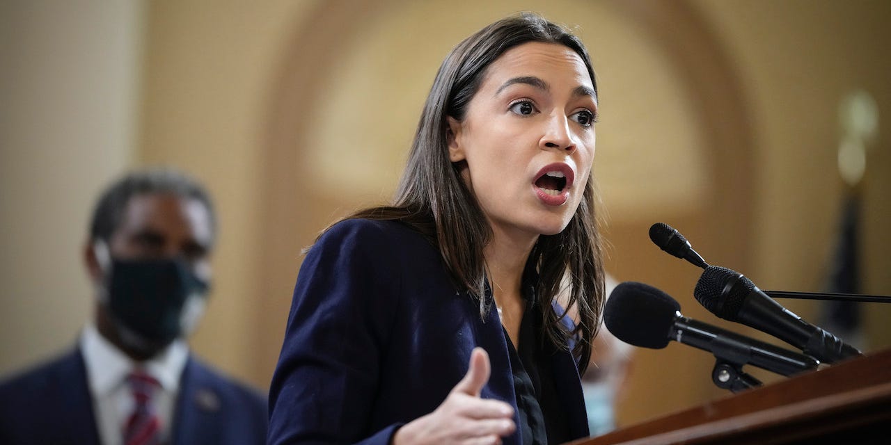 Rep. Alexandria Ocasio-Cortez (D-NY) speaks during a news conference to discuss legislation that would strengthen Social Security benefits, on Capitol Hill October 26, 2021 in Washington, DC.