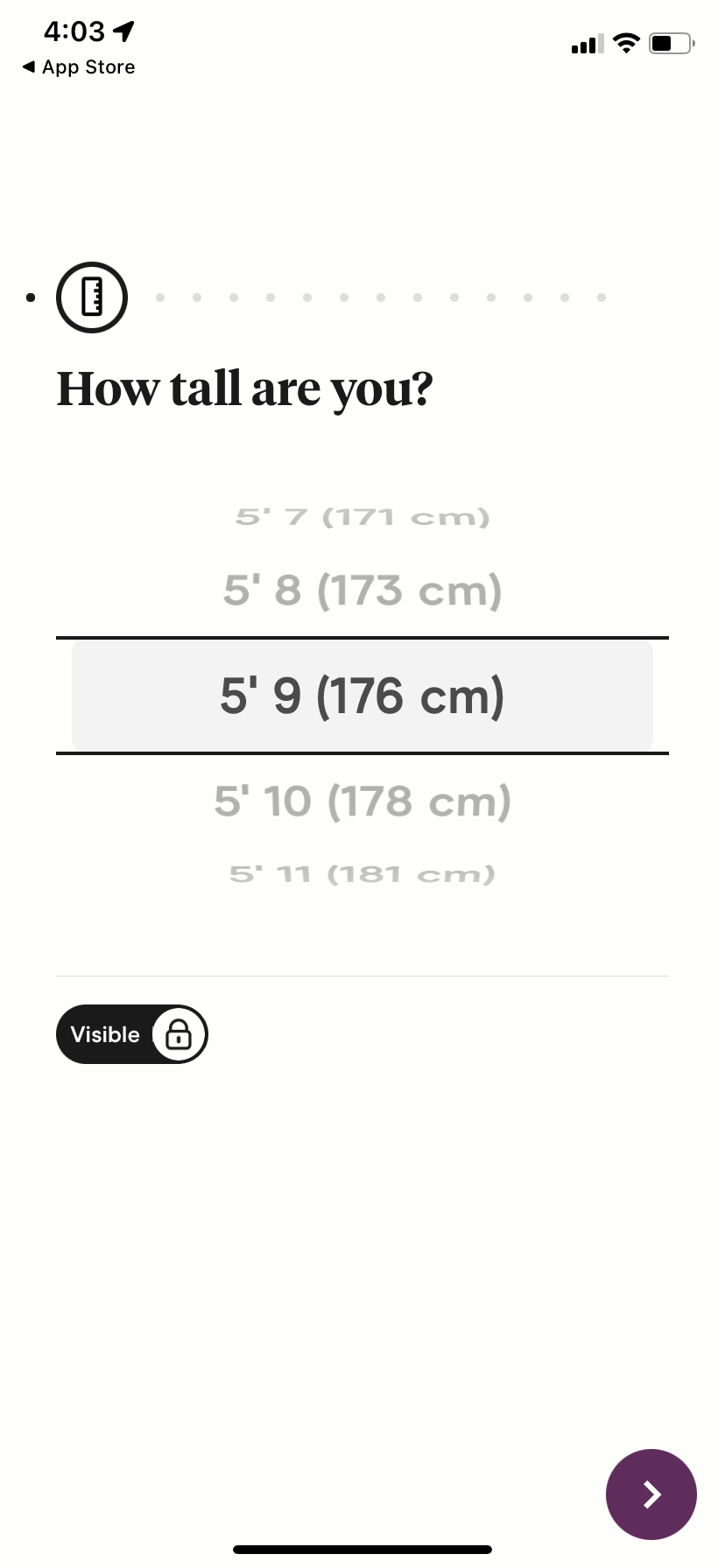 A screenshot from the Hinge app, showing the menu where you can set your height.