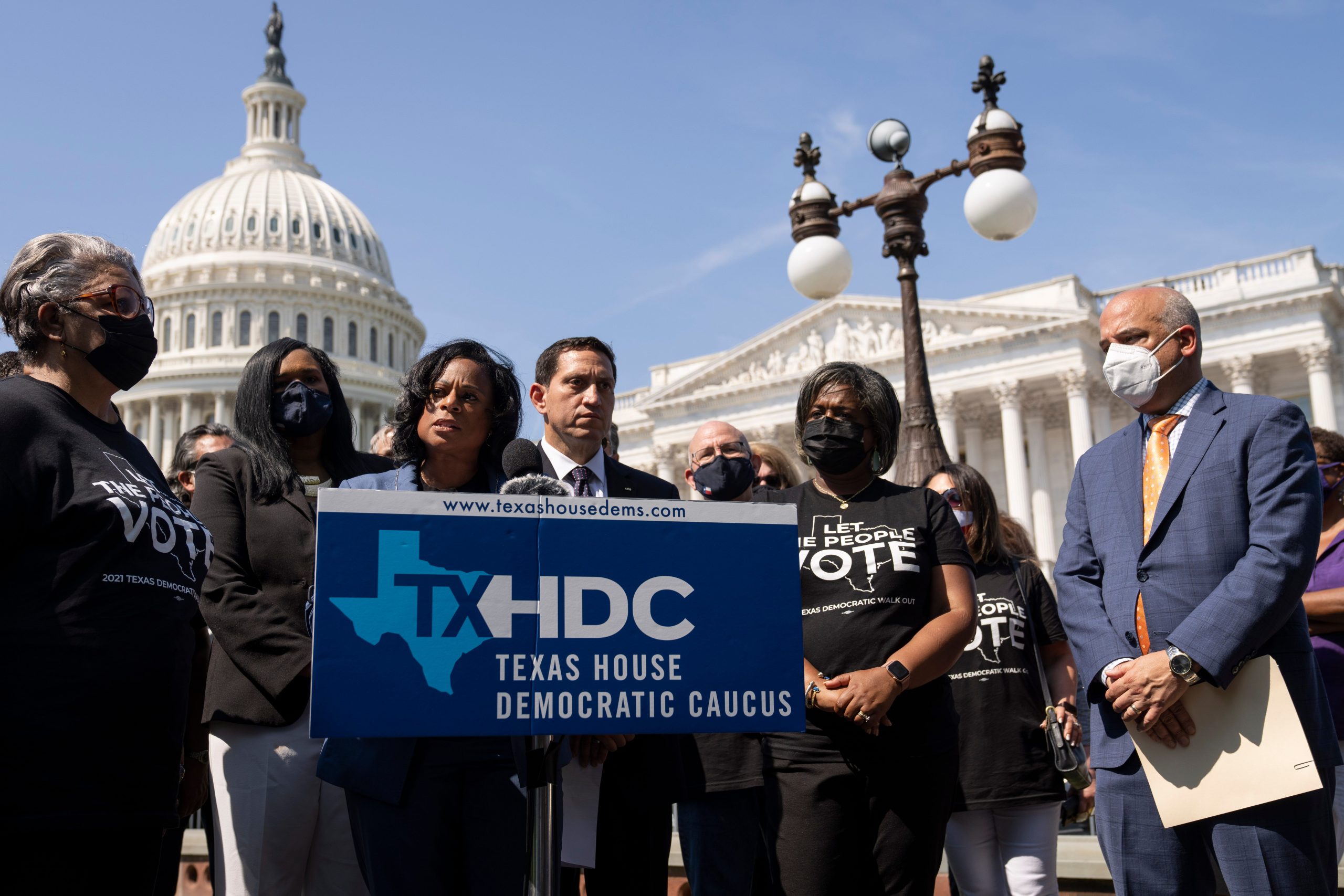 Texas Legislative Black Caucus (TxLBC) Chair Rep. Nicole Collier (D-District 95), joined by fellow Democratic Texas state representatives, speaks during a news conference about voting rights outside the U.S. Capitol on August 6, 2021 in Washington, DC.