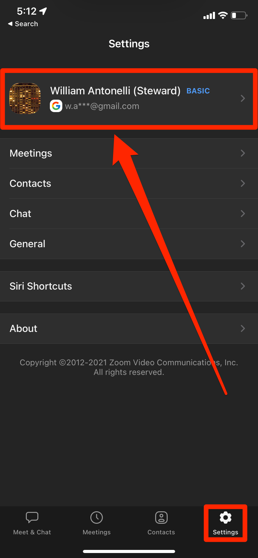 The Settings menu in the Zoom iPhone app.