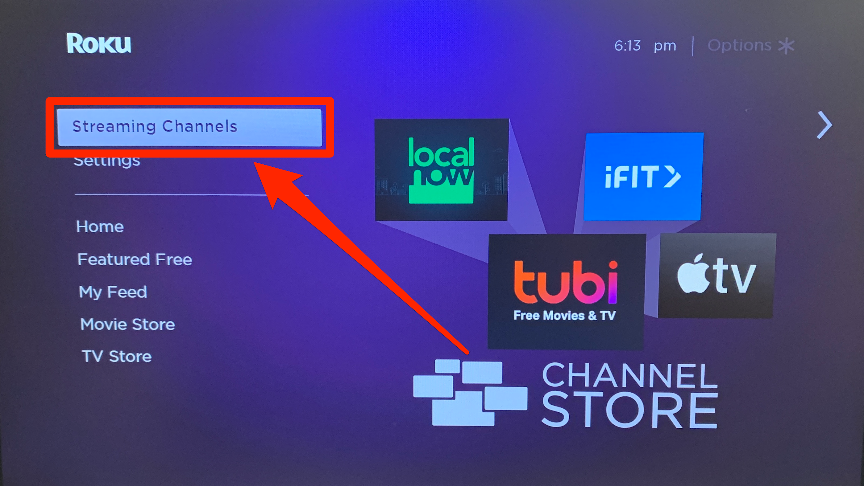 The "Streaming Channels" option on a Roku device's home page.