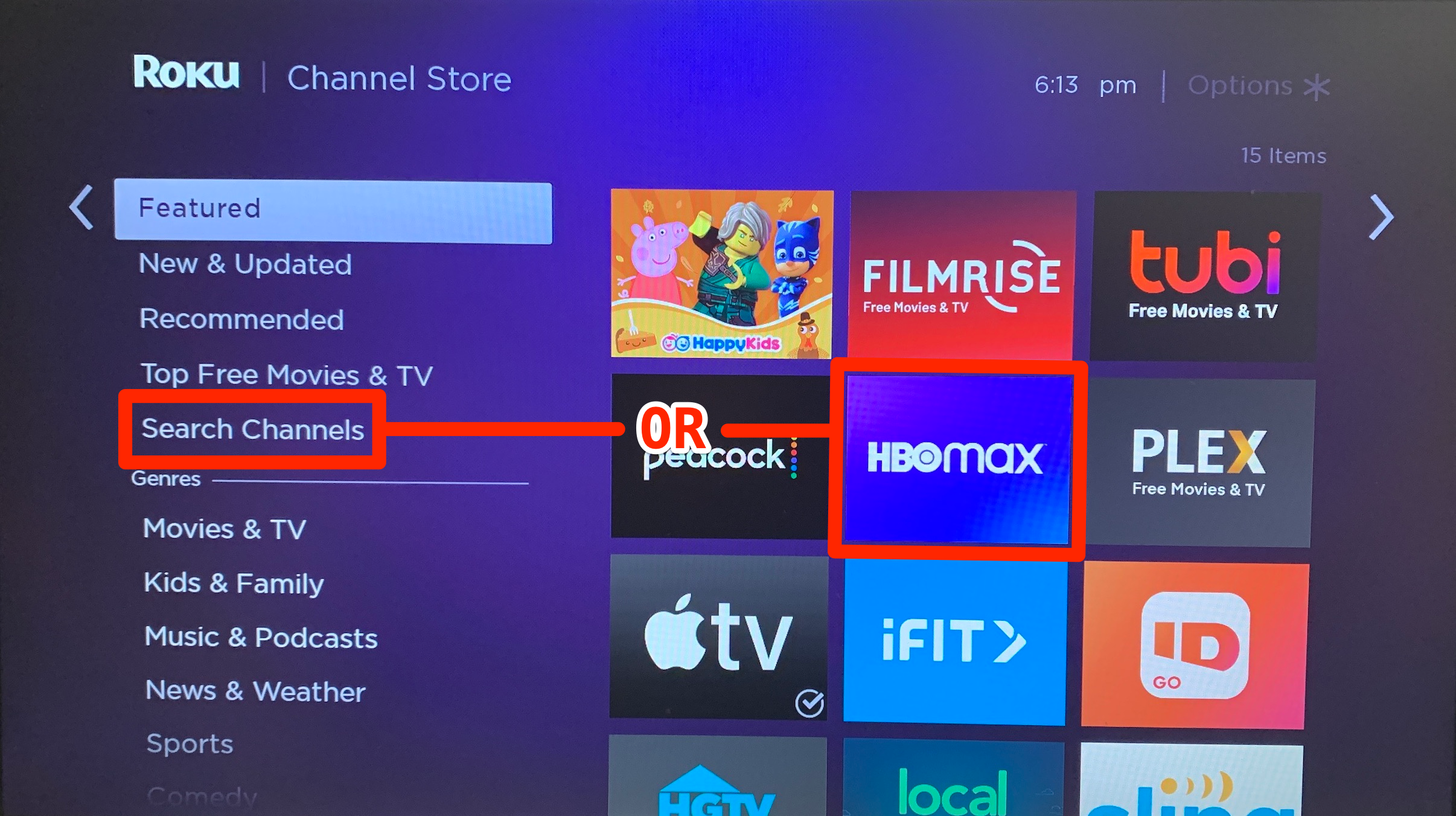 The Featured apps menu on a Roku device.