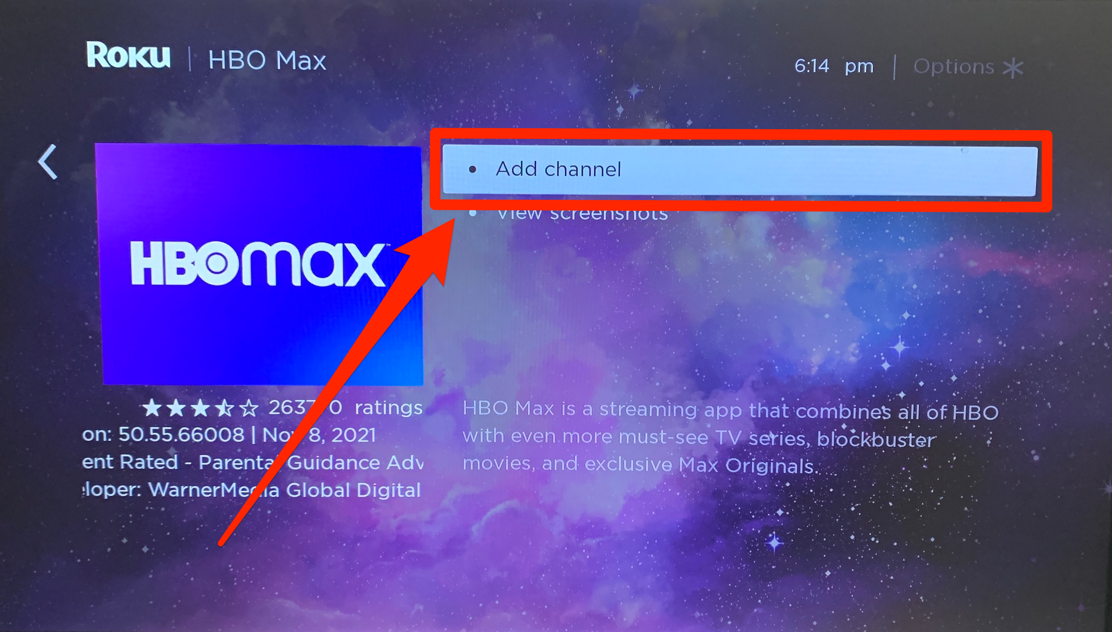 The information page for the HBO Max app on a Roku device.