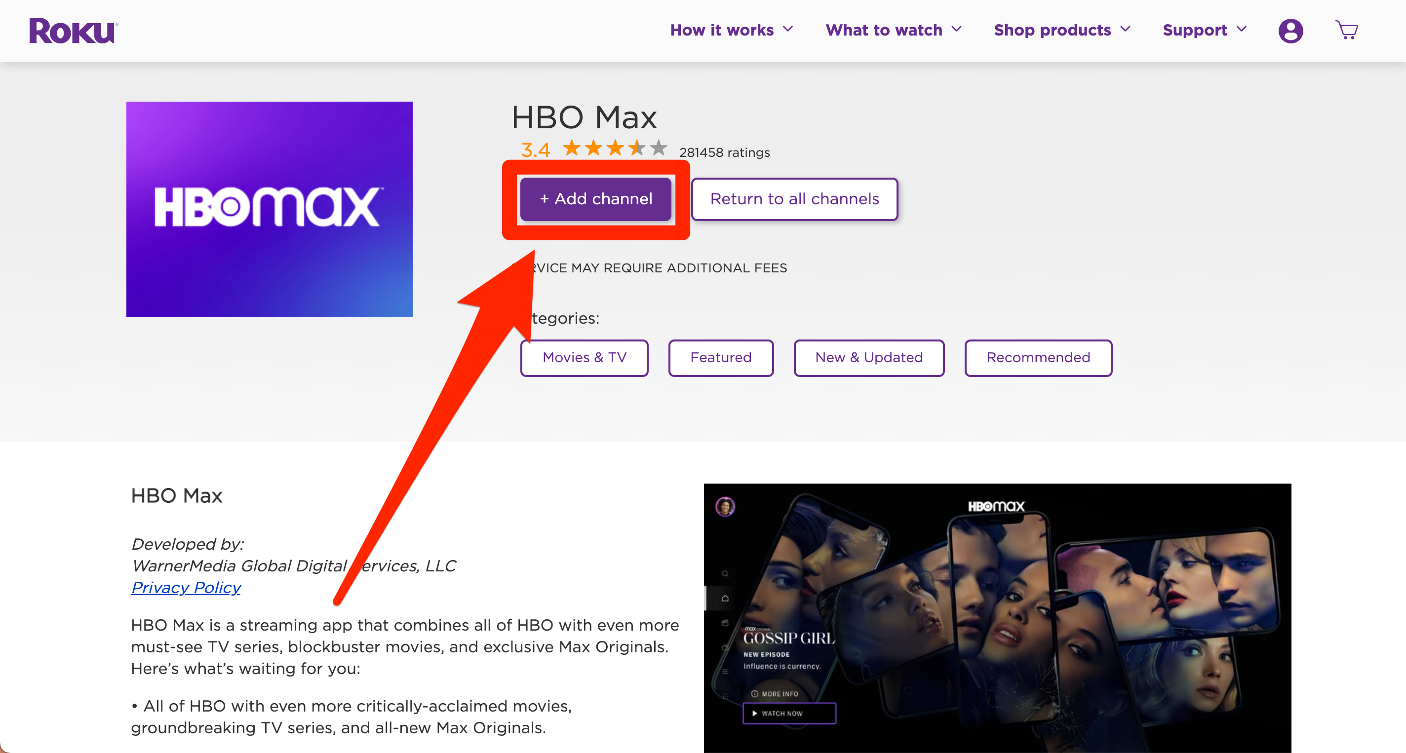 The information page for HBO Max on the Roku website.