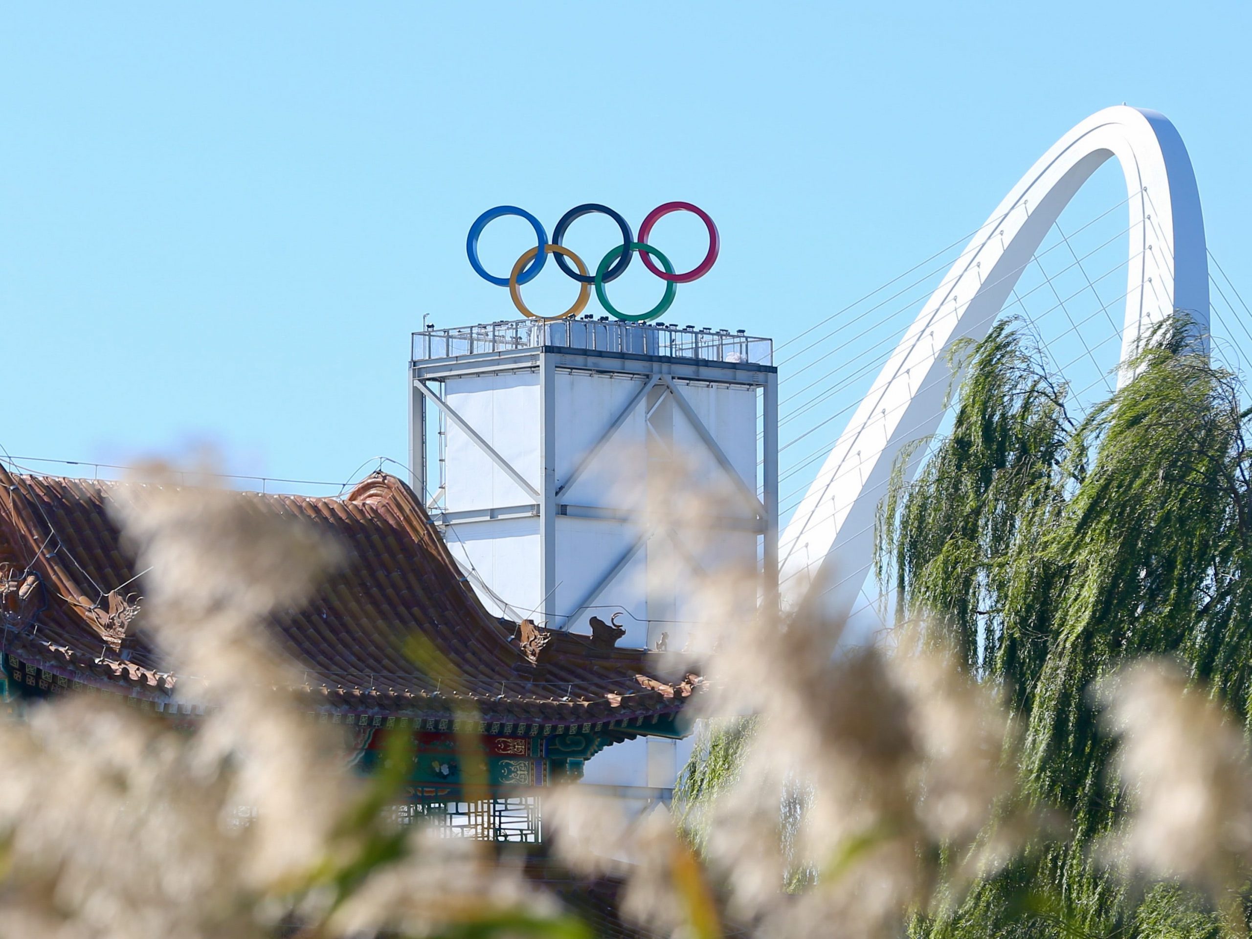 The Olympic rings beside the Big Air Shougang, a venue of Beijing 2022 Winter Olympics.