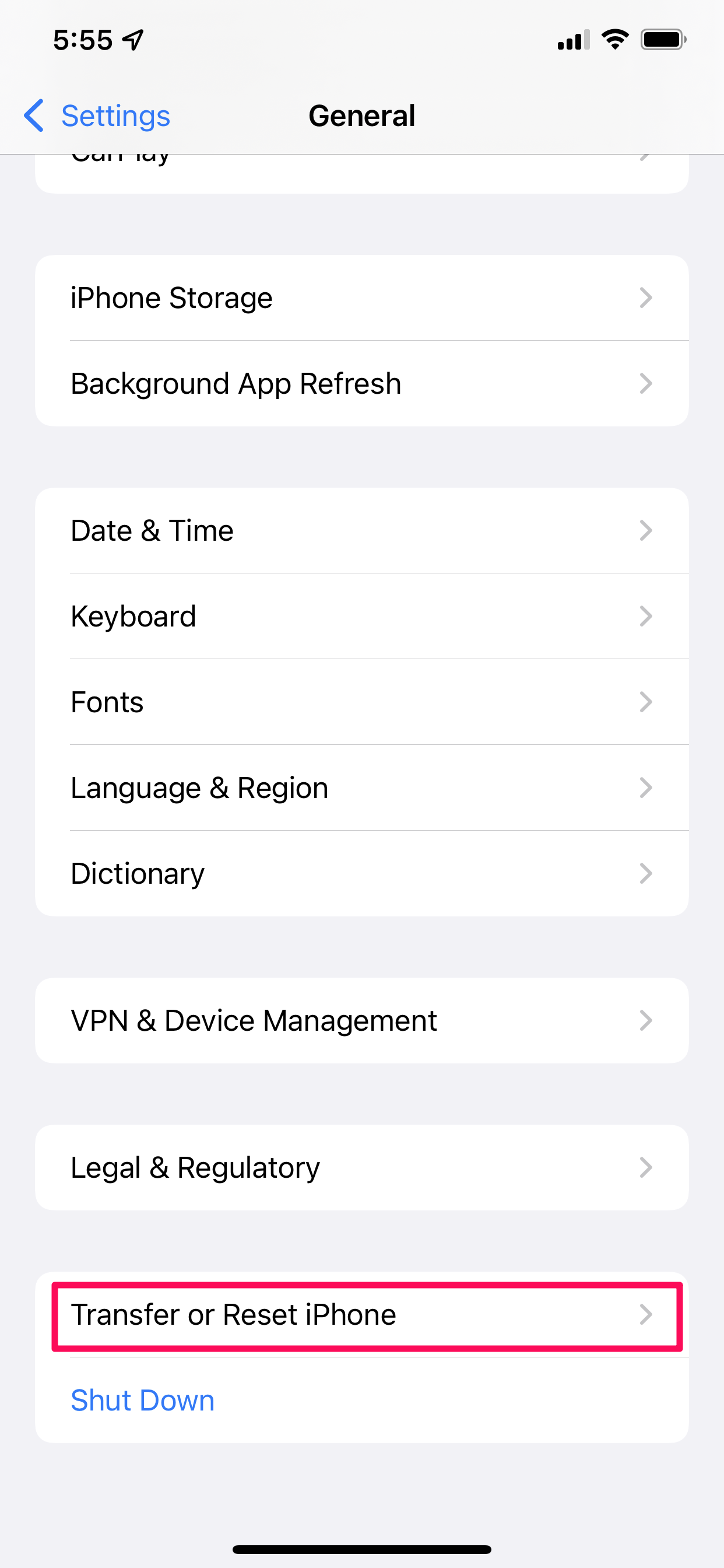 Settings screen in iOS.