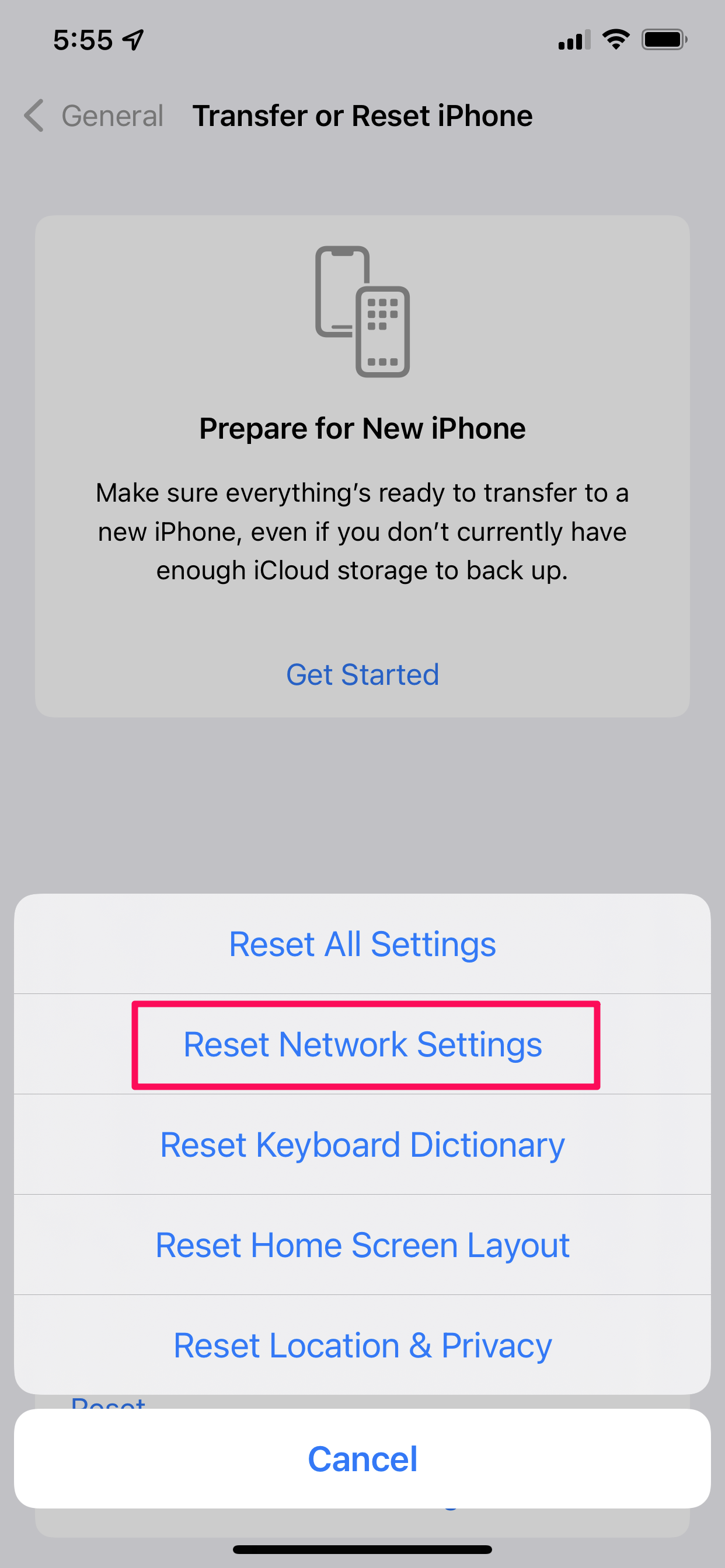 Settings screen in iOS.