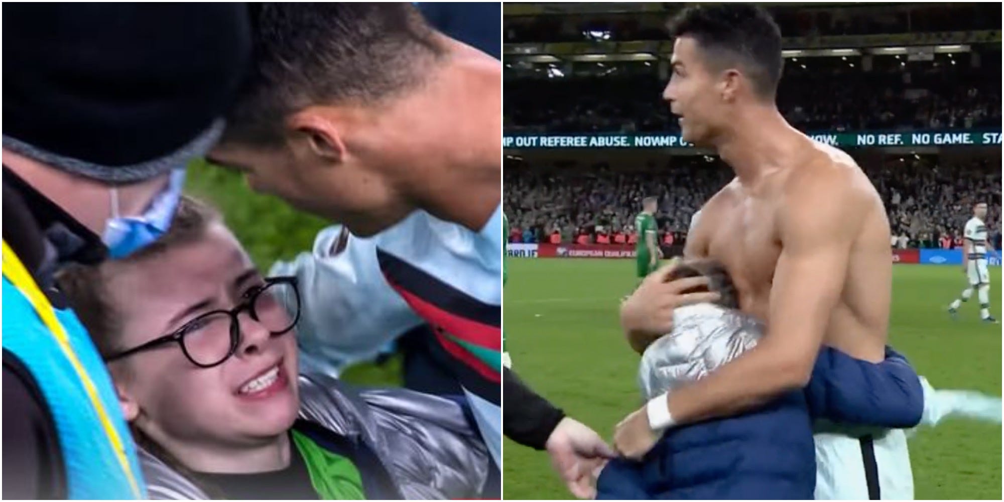 A young Cristiano Ronaldo fan crying and hugging the Portugal star