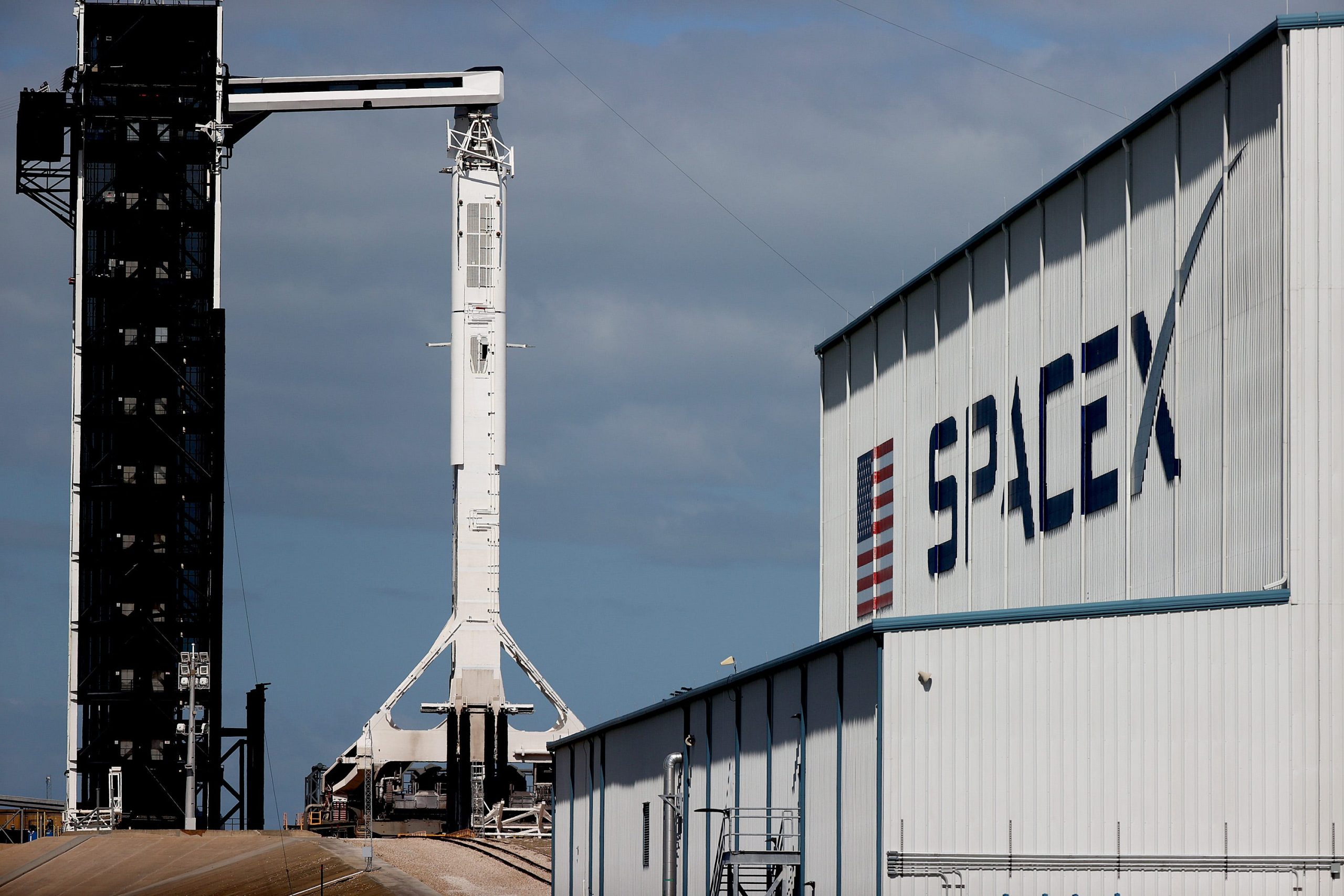 The SpaceX Falcon 9 rocket and Crew Dragon capsule on the launch pad in Florida.