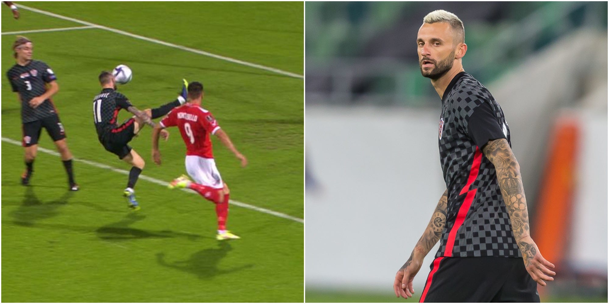 Marcelo Brozovic scoring an own goal for Croatia; Marcelo Brozovic