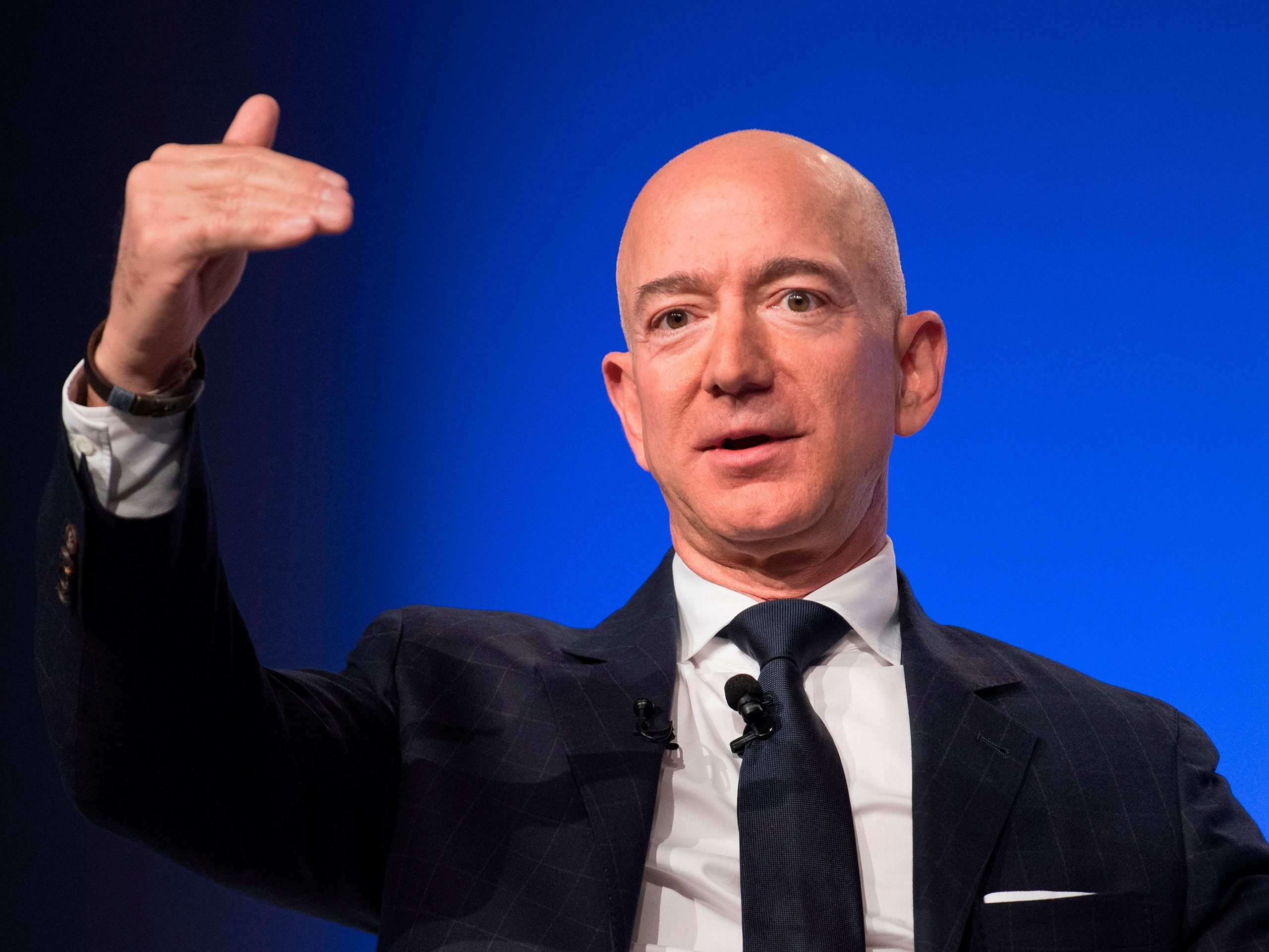 Amazon and Blue Origin founder Jeff Bezos provides the keynote address at the Air Force Association's Annual Air, Space & Cyber Conference in Oxen Hill, MD, on September 19, 2018.