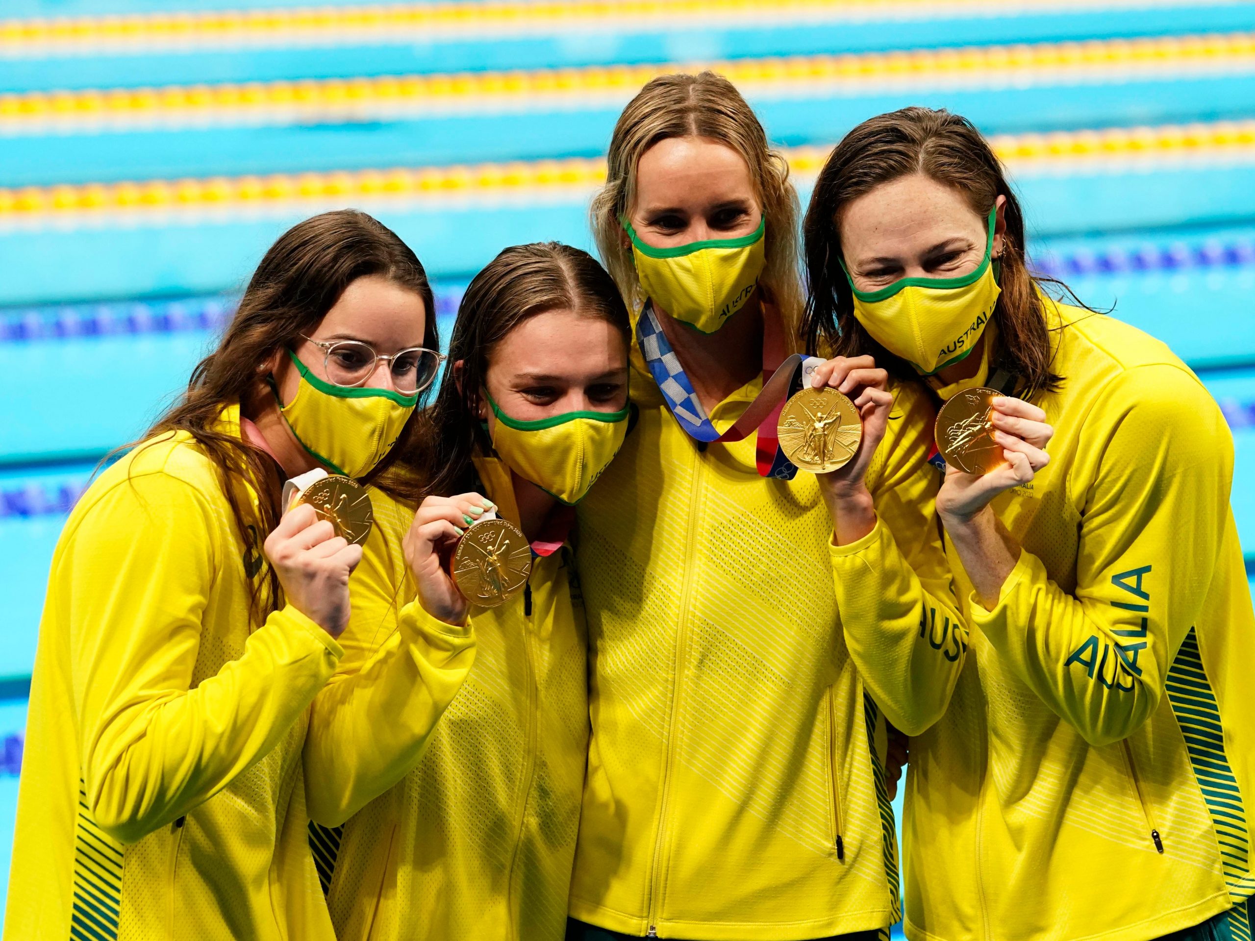 Australia relay team of Kaylee McKeown (AUS), Chelsea Hodges (AUS), Emma McKeon (AUS) and Cate Campbell (AUS) during the medals ceremony for the women's 4x100m medley relay