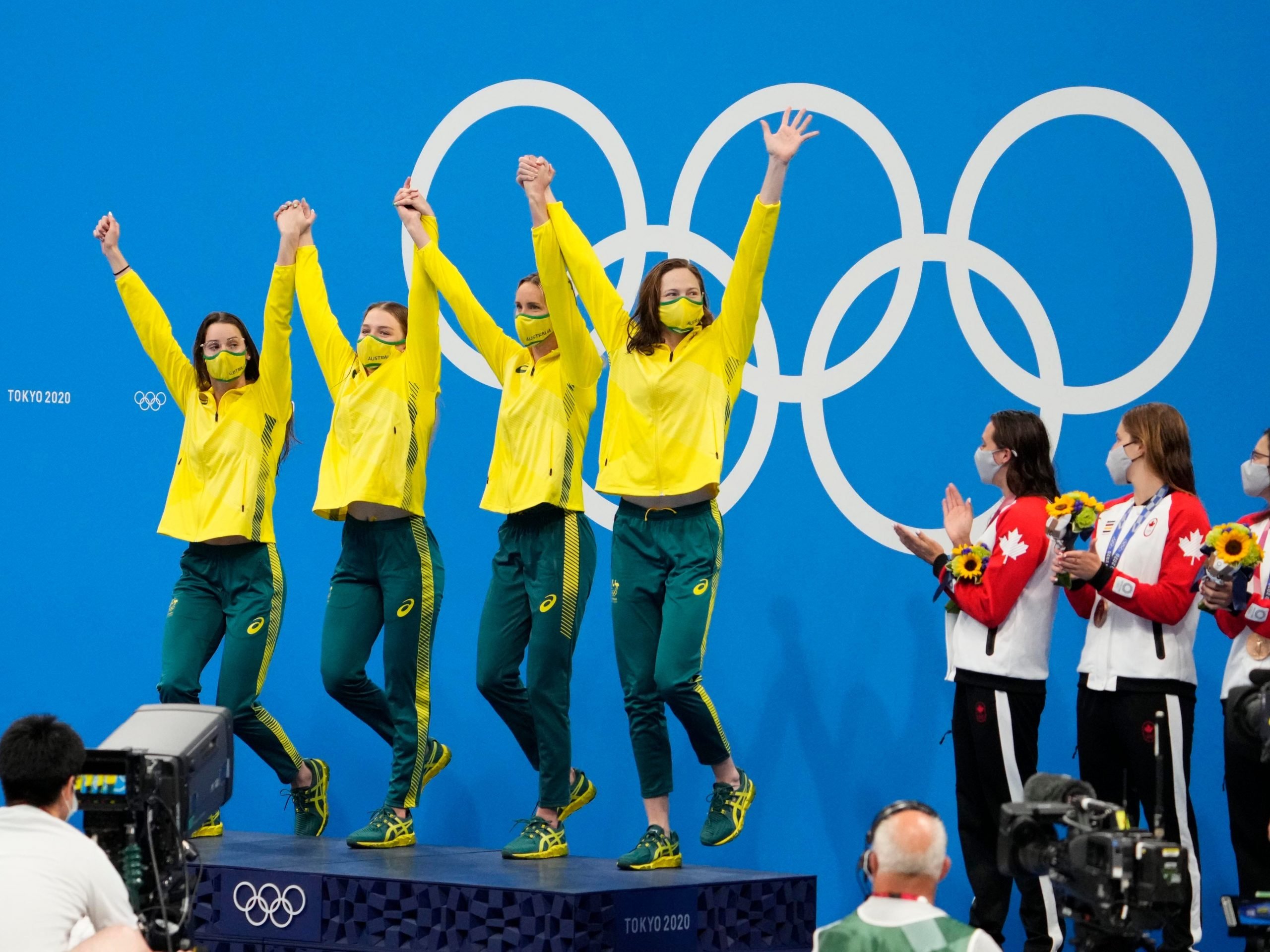 Australia relay team of Kaylee McKeown (AUS), Chelsea Hodges (AUS), Emma McKeon (AUS) and Cate Campbell (AUS) during the medals ceremony for the women's 4x100m medley relay during the Tokyo 2020 Olympic Summer Games