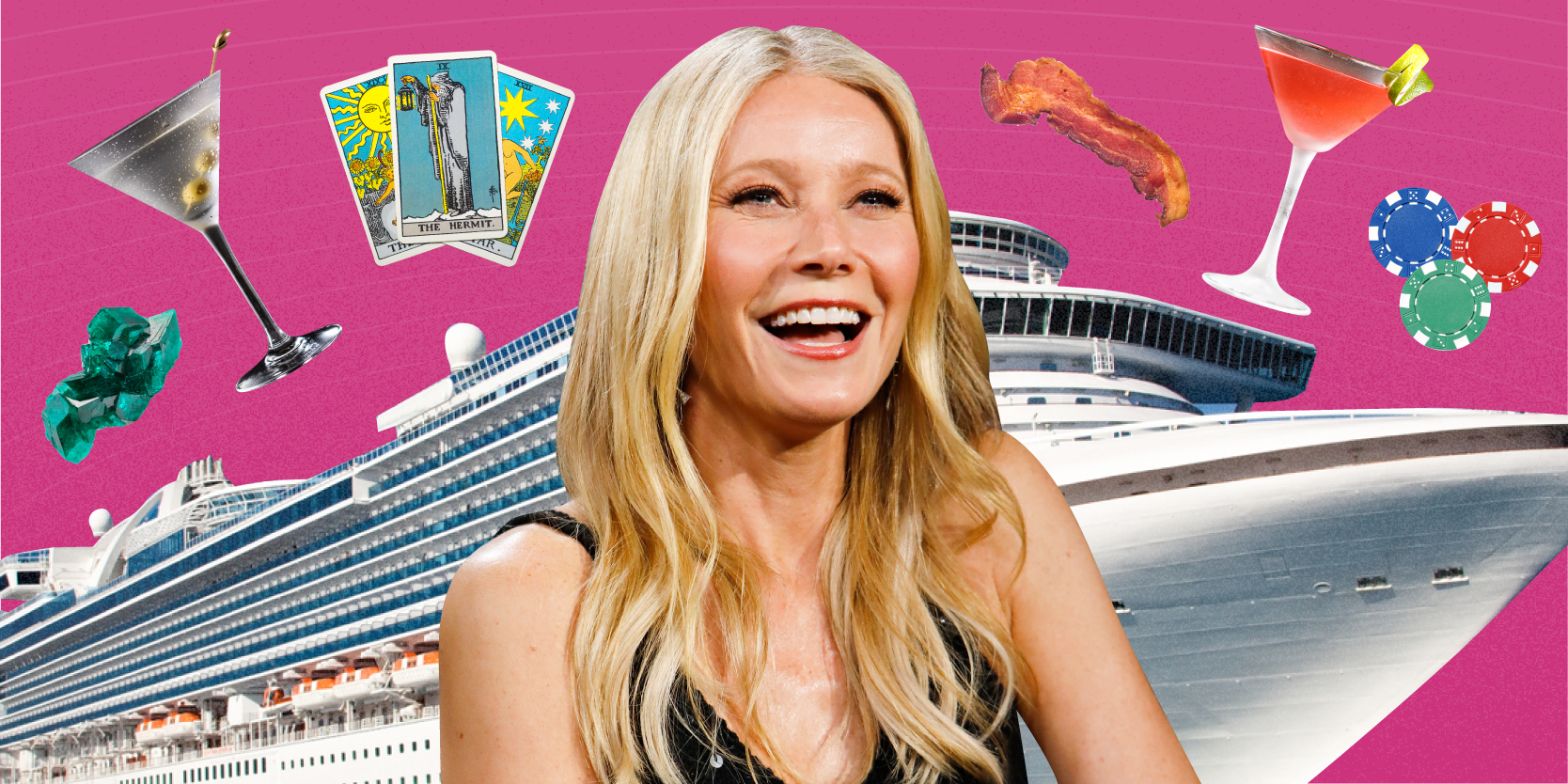 Gwenyth Paltrow on a bright pink background with images of a cruise ship, tarot cards, martini glasses, bacon, and poker chips.