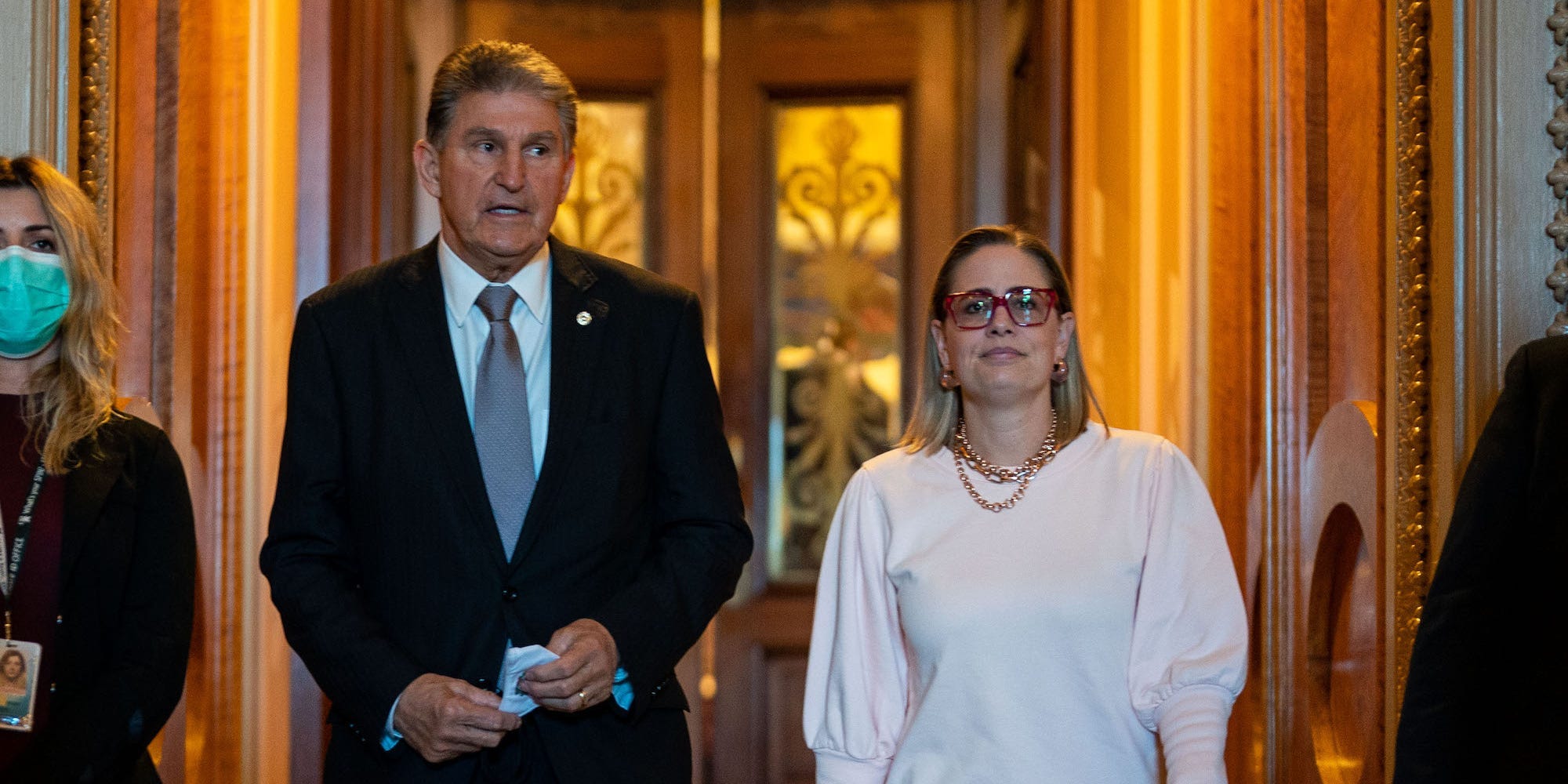 Democratic Sens. Joe Manchin of West Virginia and Kyrsten Sinema of Arizona following a vote at the US Capitol on November 3, 2021.