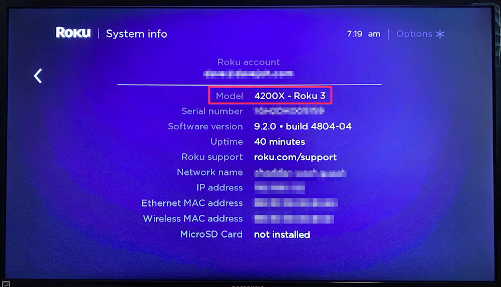 Screenshot of the Roku About page