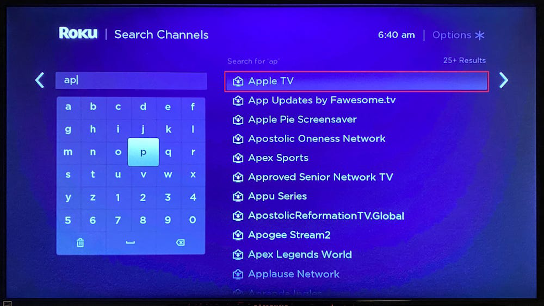 Screenshot of the search screen on Roku