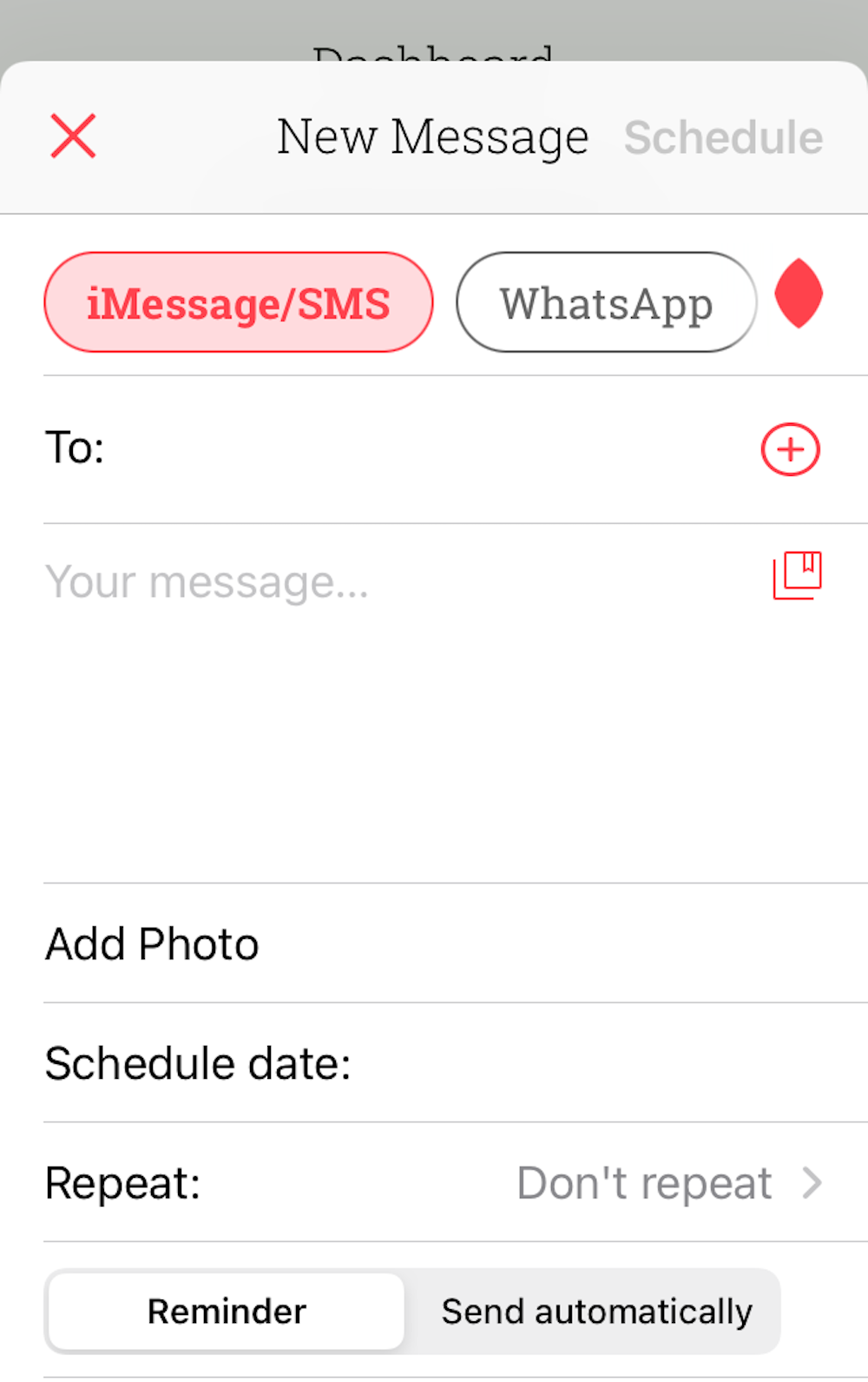 Screenshot of a blank scheduled message on the Scheduled app