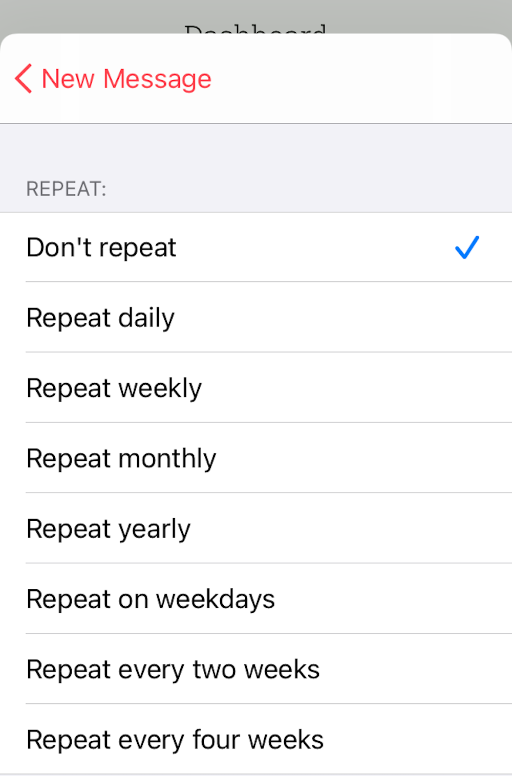 Screenshot of the repeat options in the Scheduled app