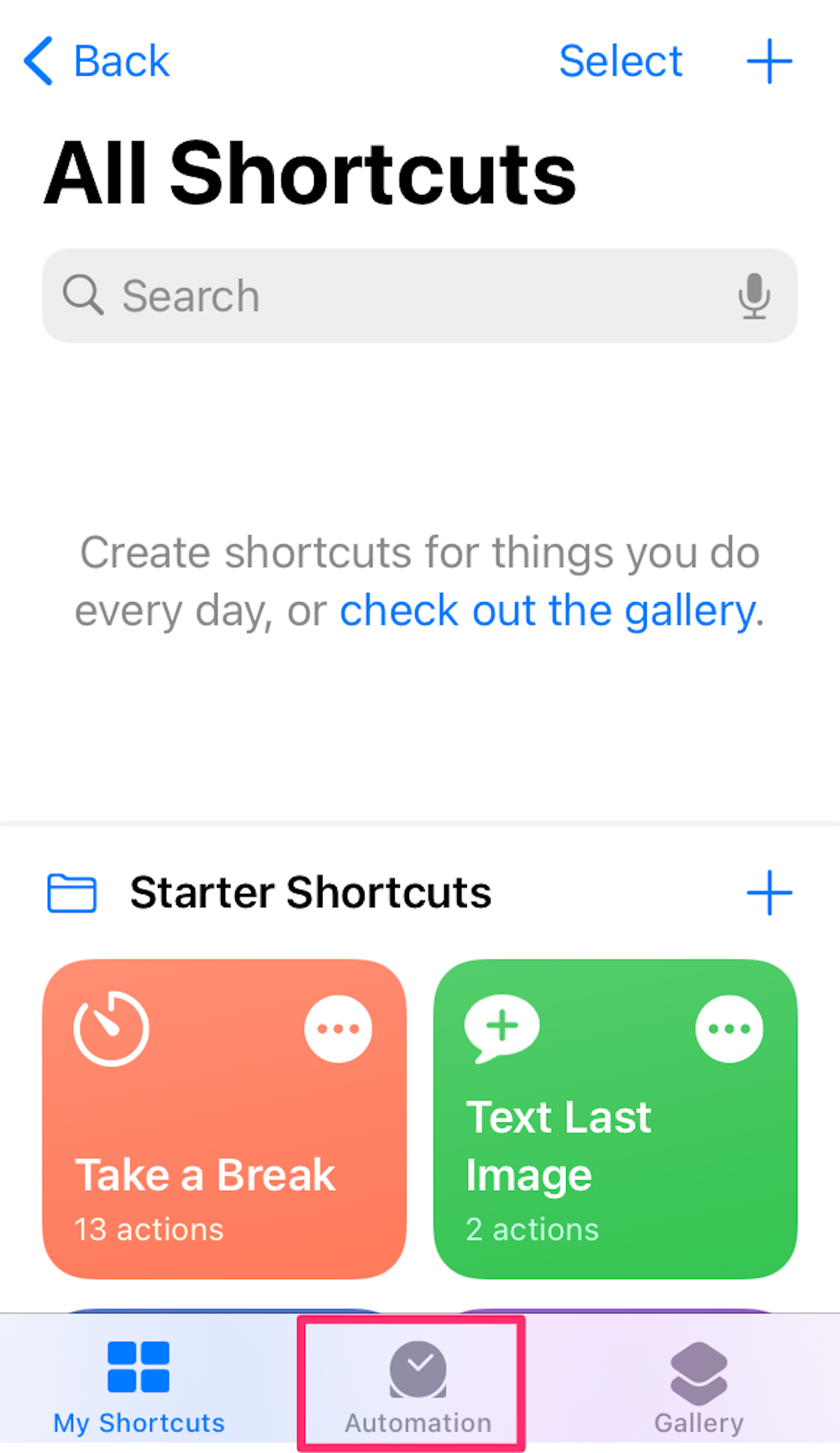 Screenshot of the main screen on the Shortcuts app