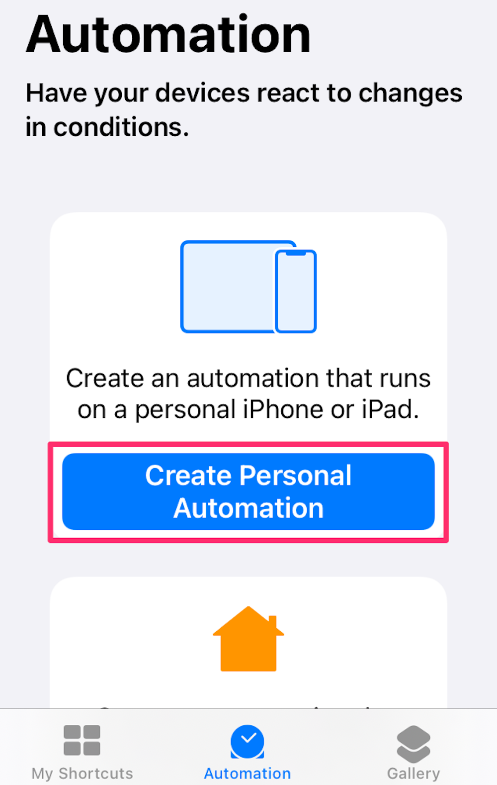 Screenshot of the automations section of the Shortcuts app