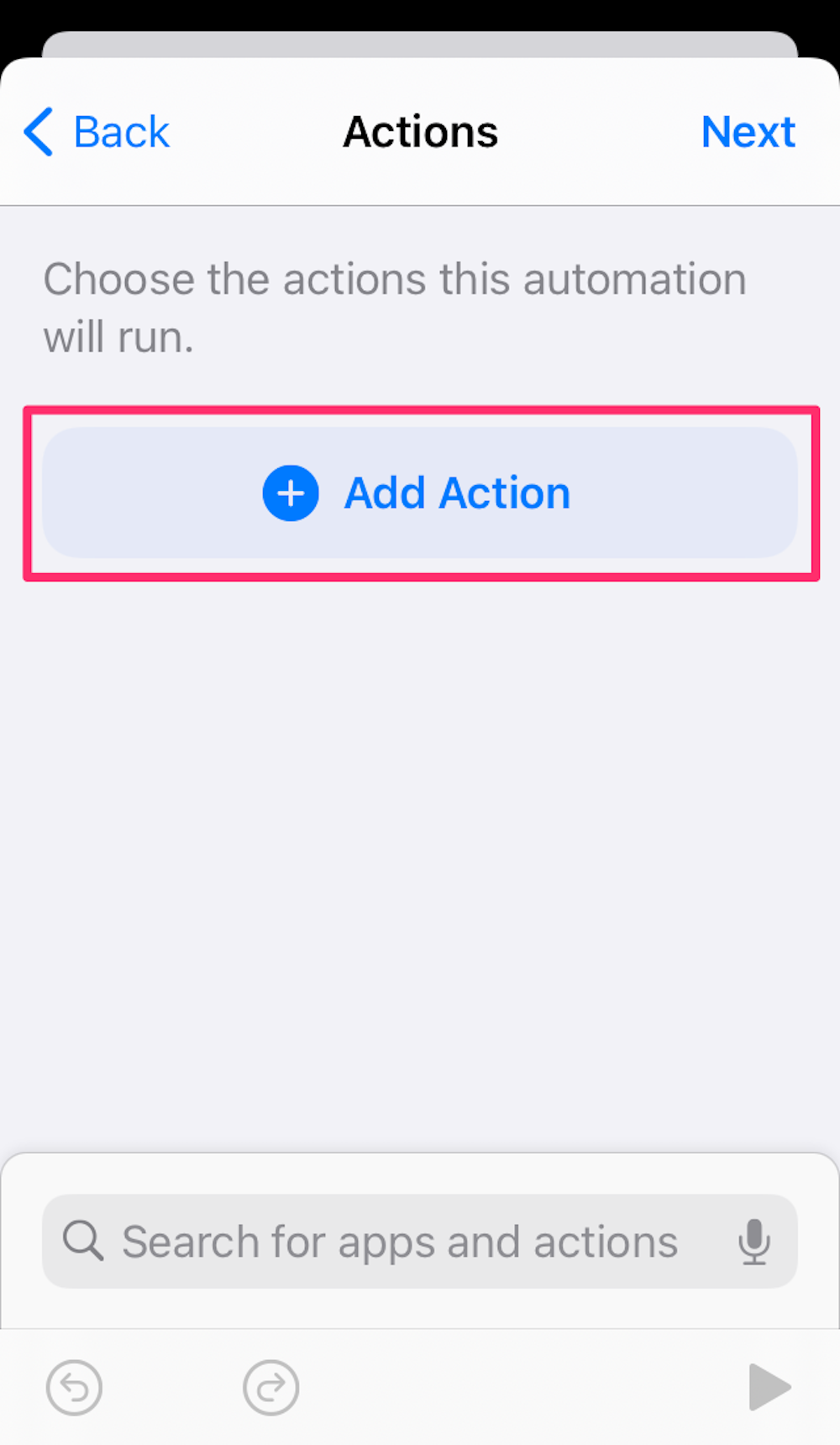 Screenshot highlighting the Add Action button in the Shortcuts app