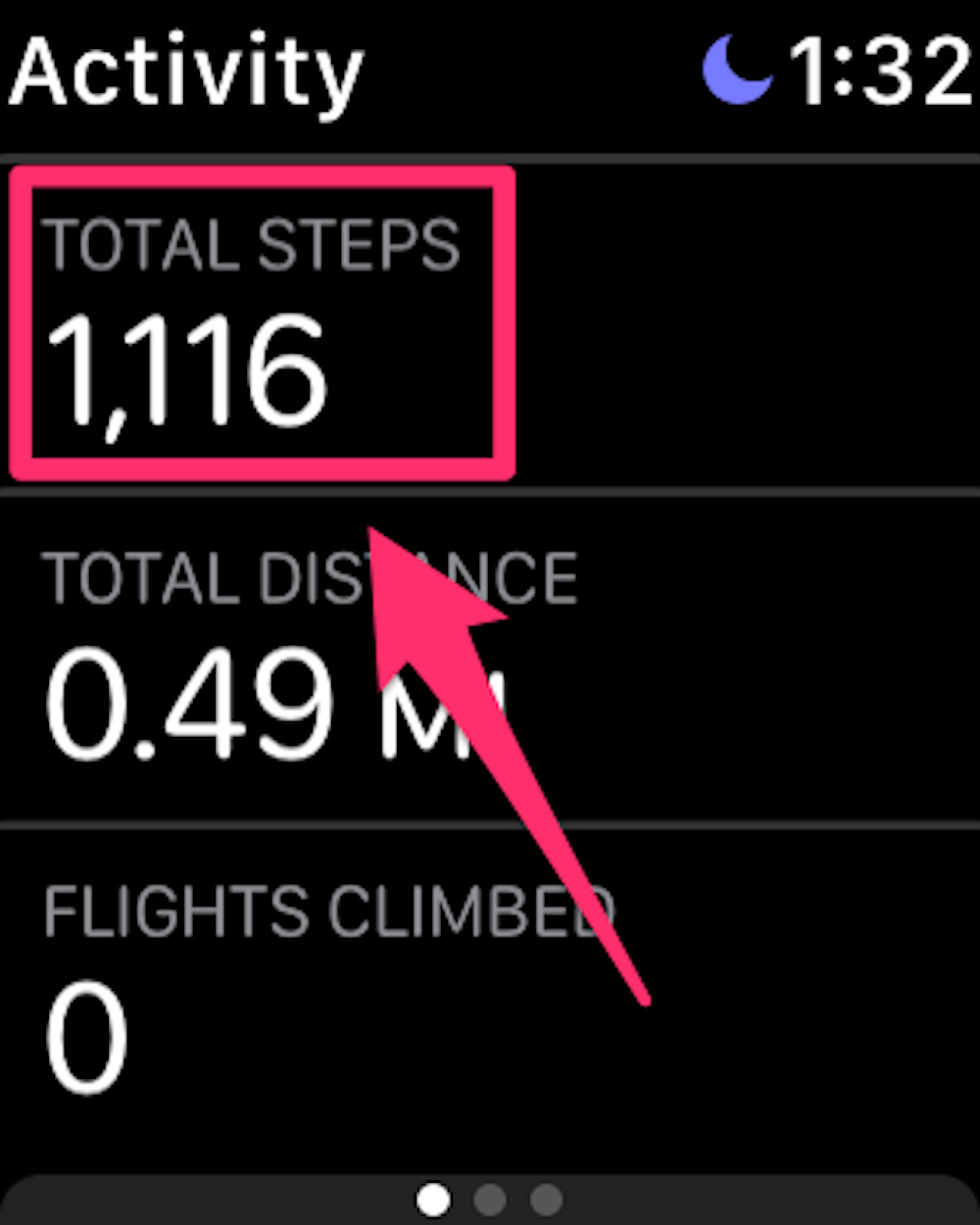 Apple Watch screenshot highlighting Total Steps in the Fitness app