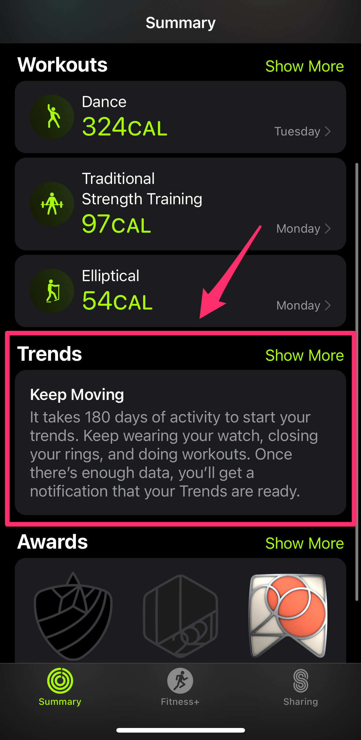 iPhone screenshot highlighting Trends section in the Fitness app