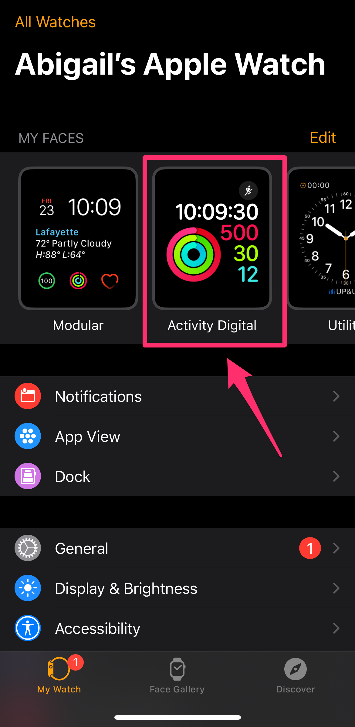 iPhone screenshot highlighting the Activity face in the Watch app