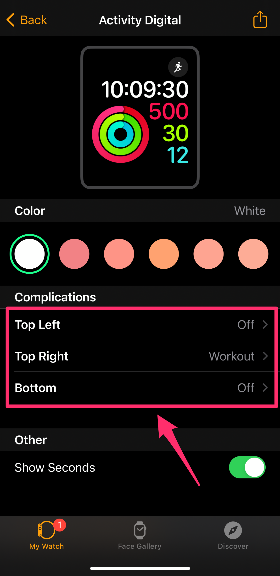 iPhone screenshot highlighting complications on the Activity face