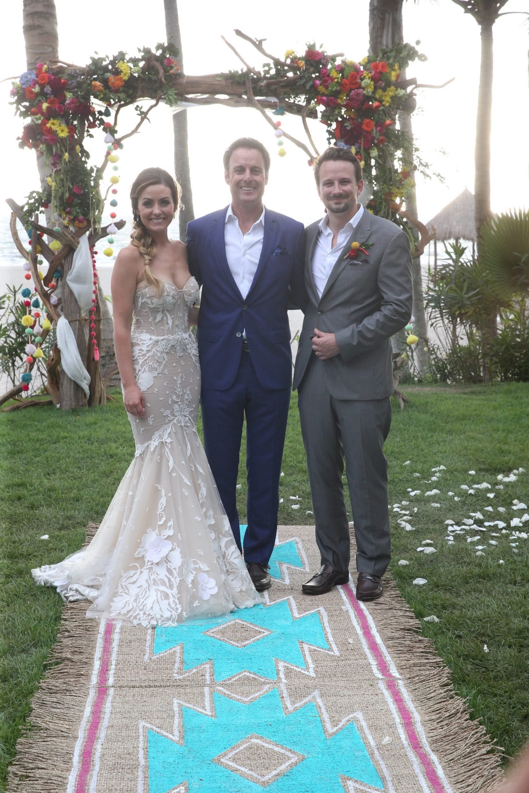 carly waddell, chris harrison, and evan bass at their wedding