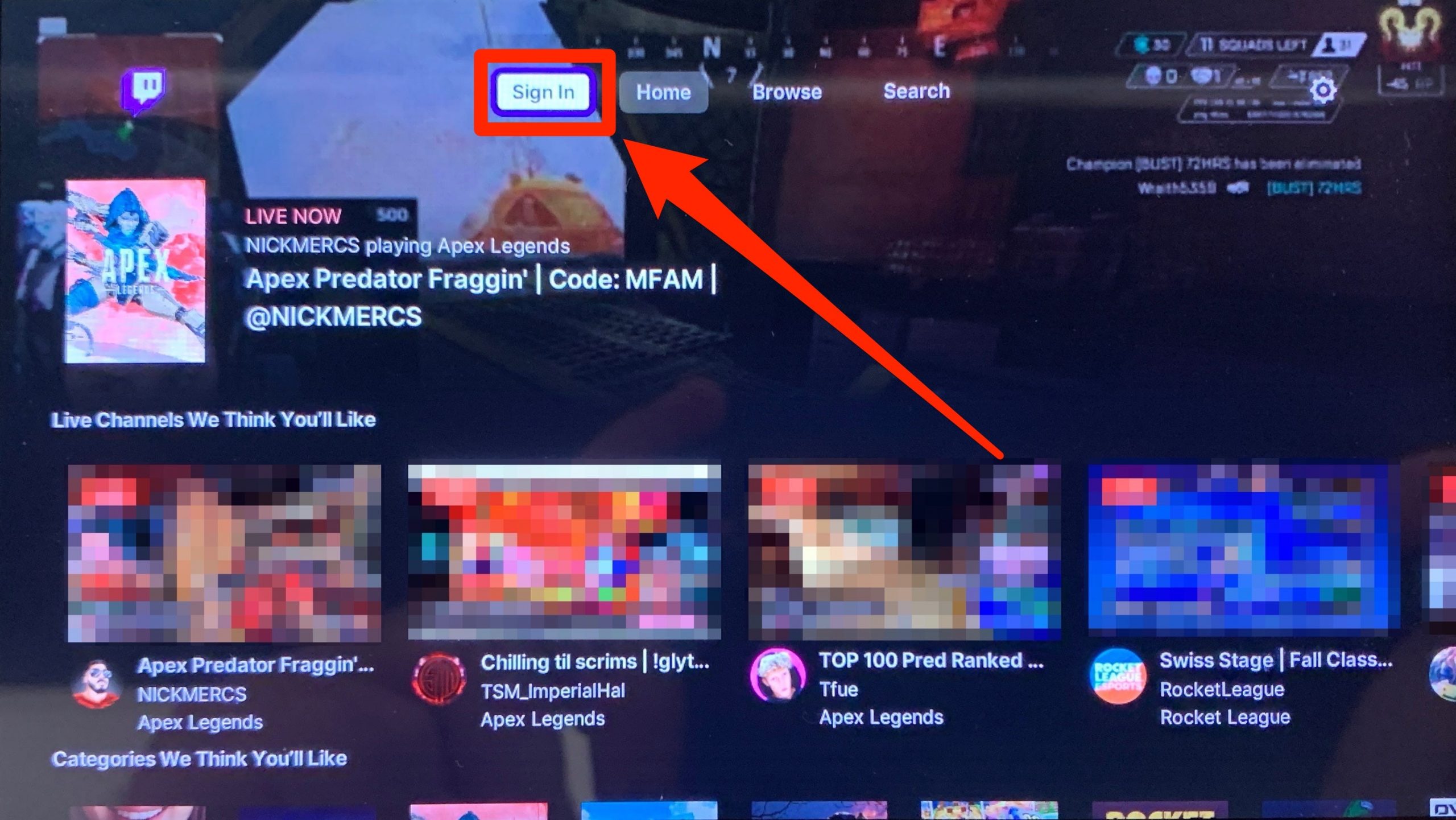 The homepage of the Nintendo Switch Twitch app, with the Sign In option highlighted.