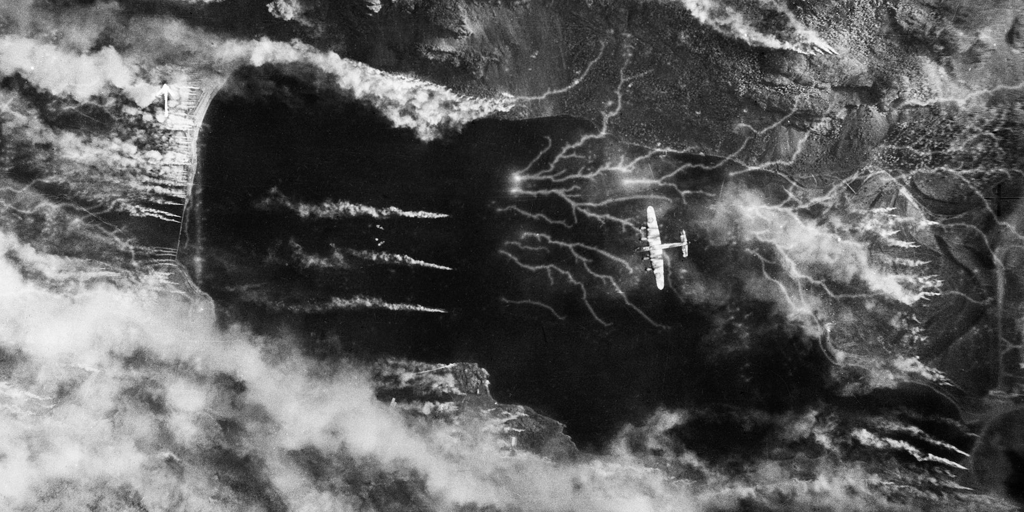 British Lancaster bombers over German battleship Tirpitz