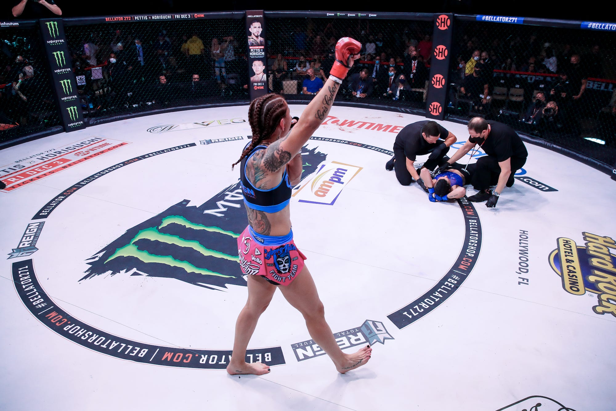 Cris Cyborg celebrates her knockout win over Sinead Kavanagh.