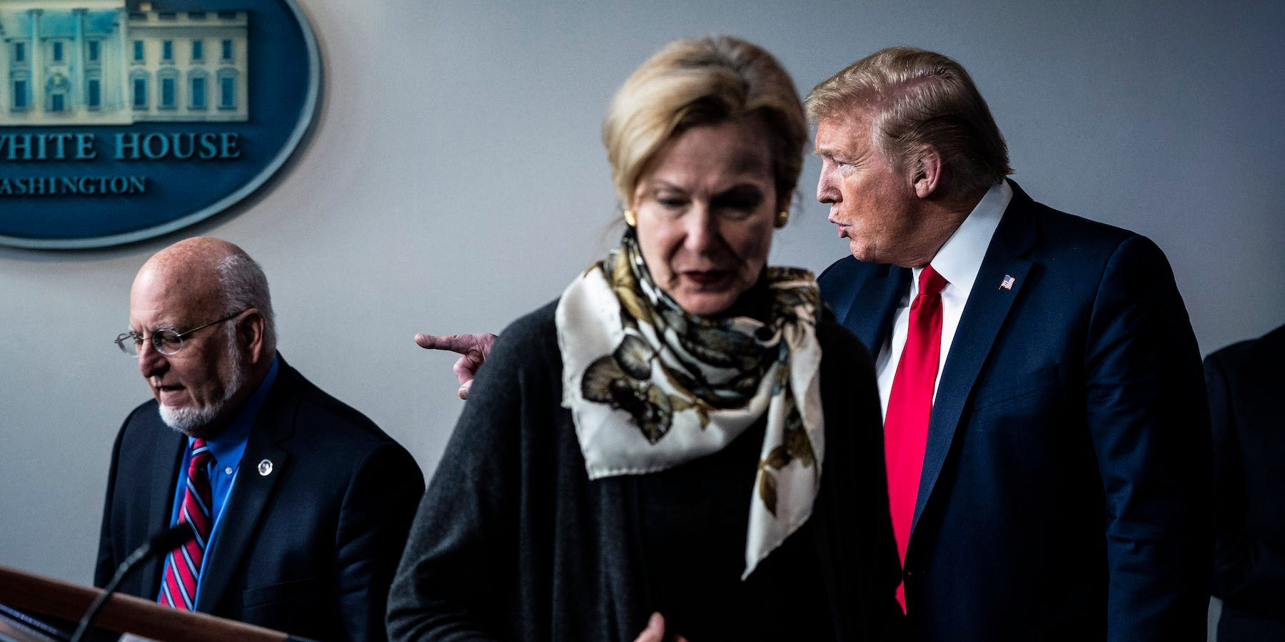 Robert Redfield, Debra Birx, and Donald Trump